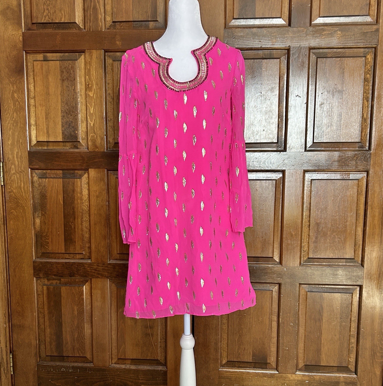 Lilly Pulitzer Amory Silk Dress Pink Gold Metallic Shift Bell Sleeve Size 2