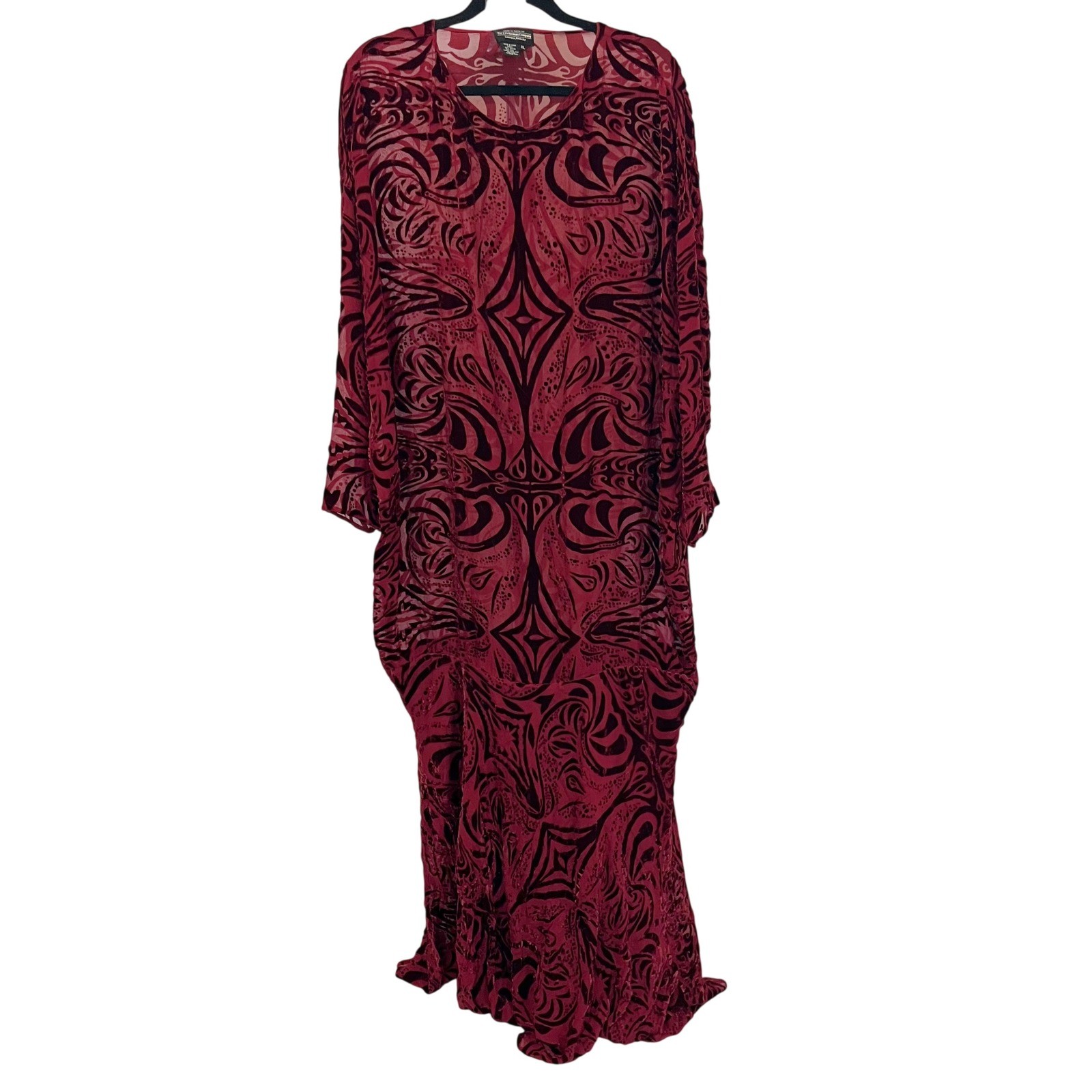 J. Peterman Silk Blend Velvet Burnout Maxi Dress Red Burgundy Artsy Boho XL