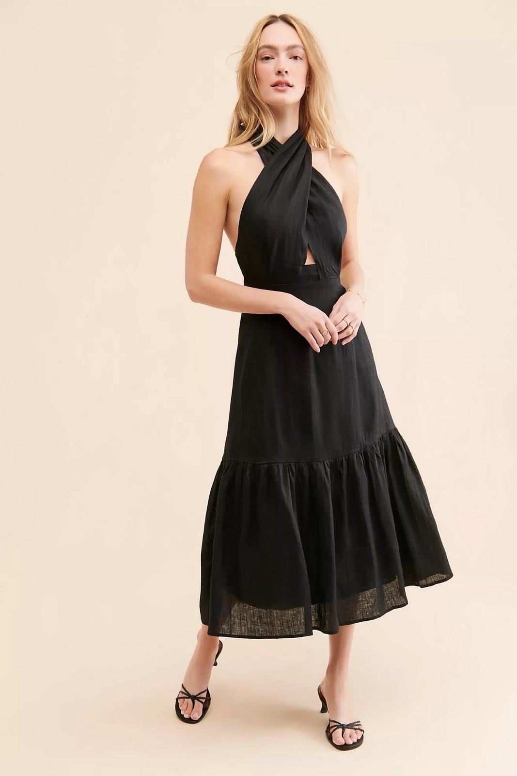 Anthropologie Linen Halter Maxi Dress Black L Sleeveless Ruffle Open Back Boho