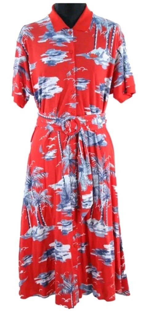 Lacoste Tropical Hawaiian Palm Trees/Plane Vacation Red Midi Dress Size 44