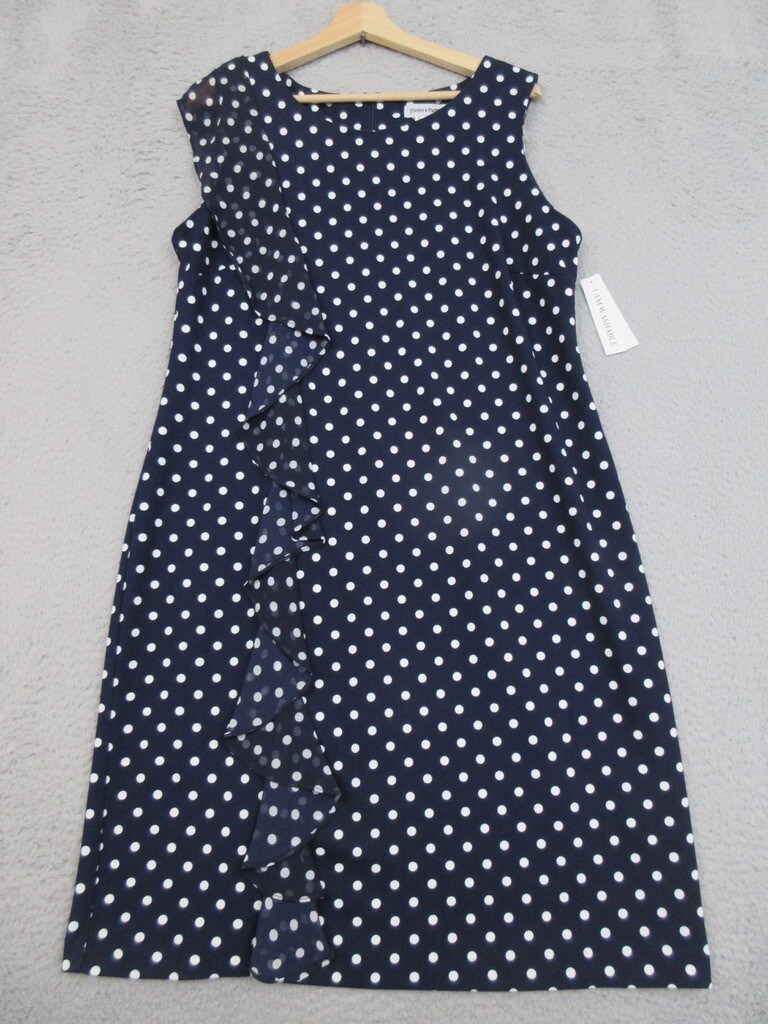 Shelby & Palmer Dress Women 16 Blue White Polka Dot Ruffle Midi Classic Chic