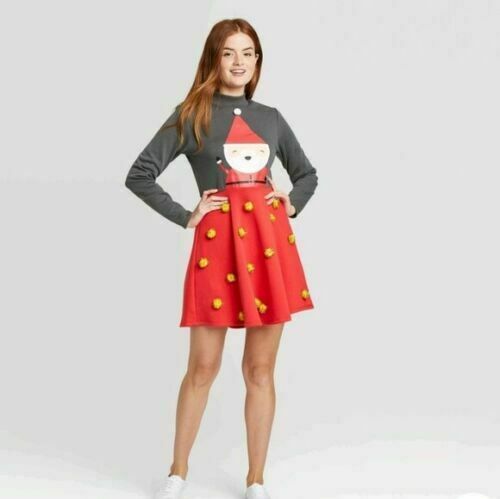 Mighty Fine Women’s Dress Long Sleeve Gray/Red Santa Claus Pom Pom Size S,M New