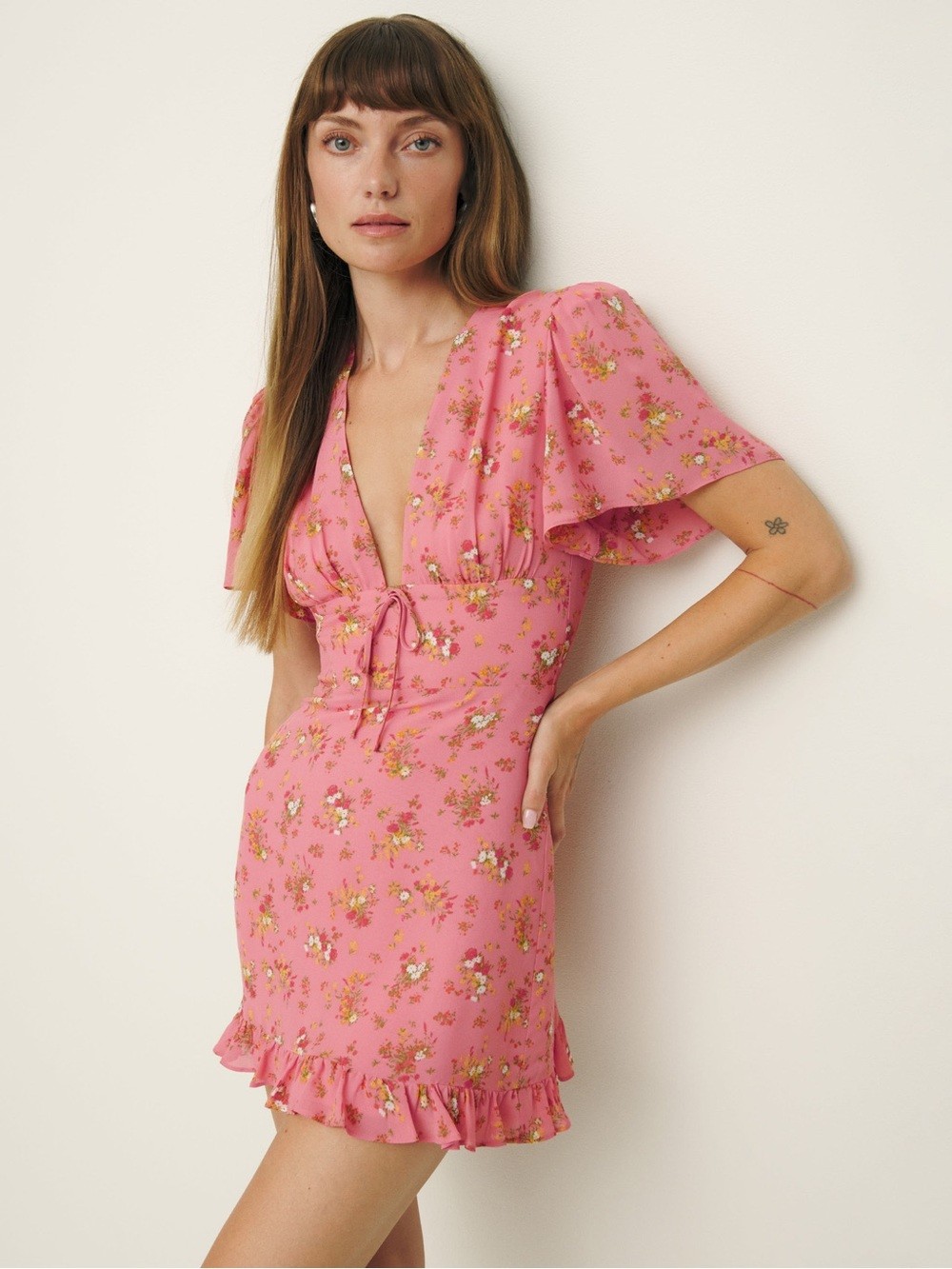 Reformation Mya Rose Pink Floral Tie-Front Mini Dress