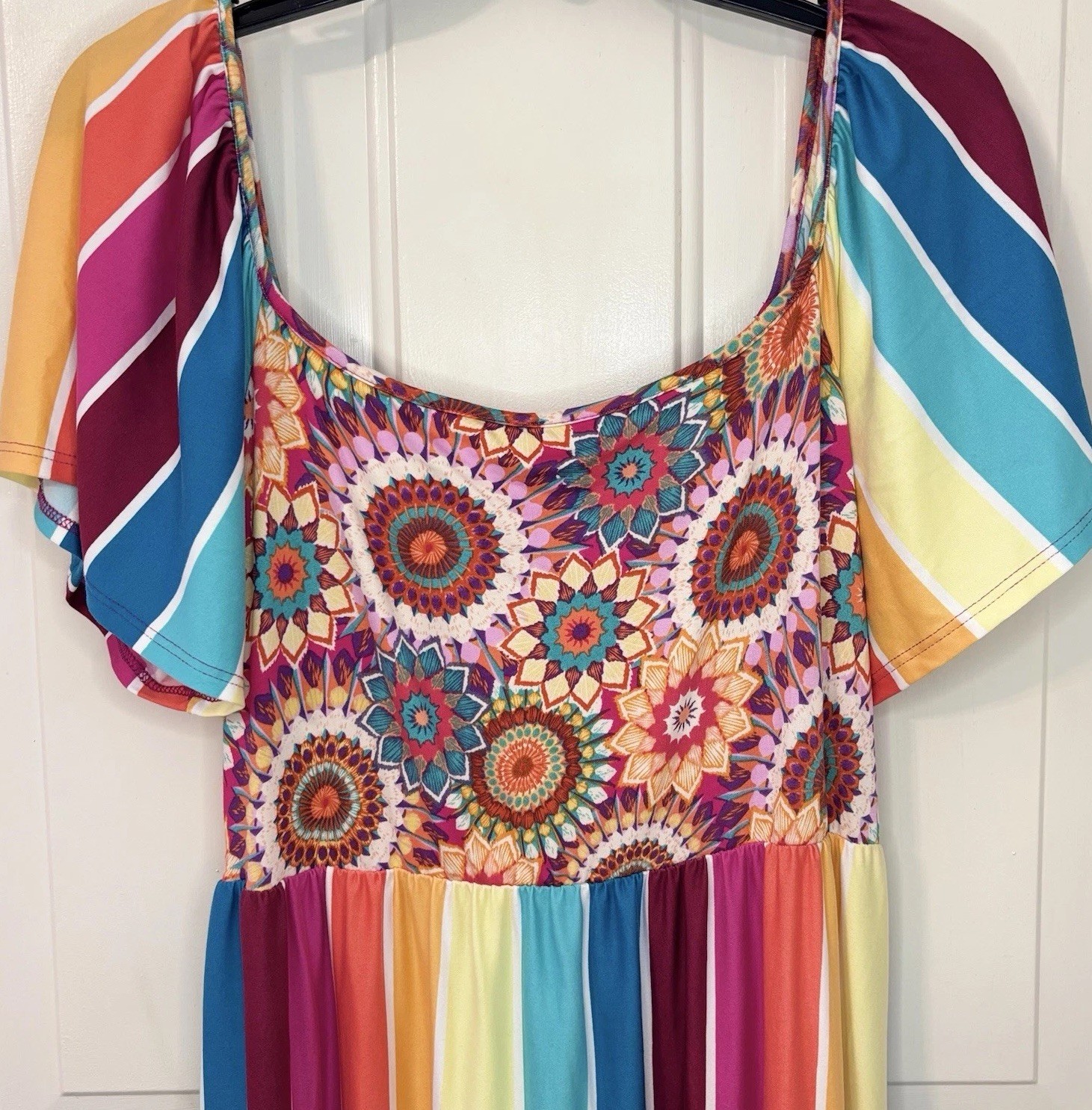 Haptics Holly Harper Maxi Dress L Rainbow Stripe Boho Floral Flutter Sleeve
