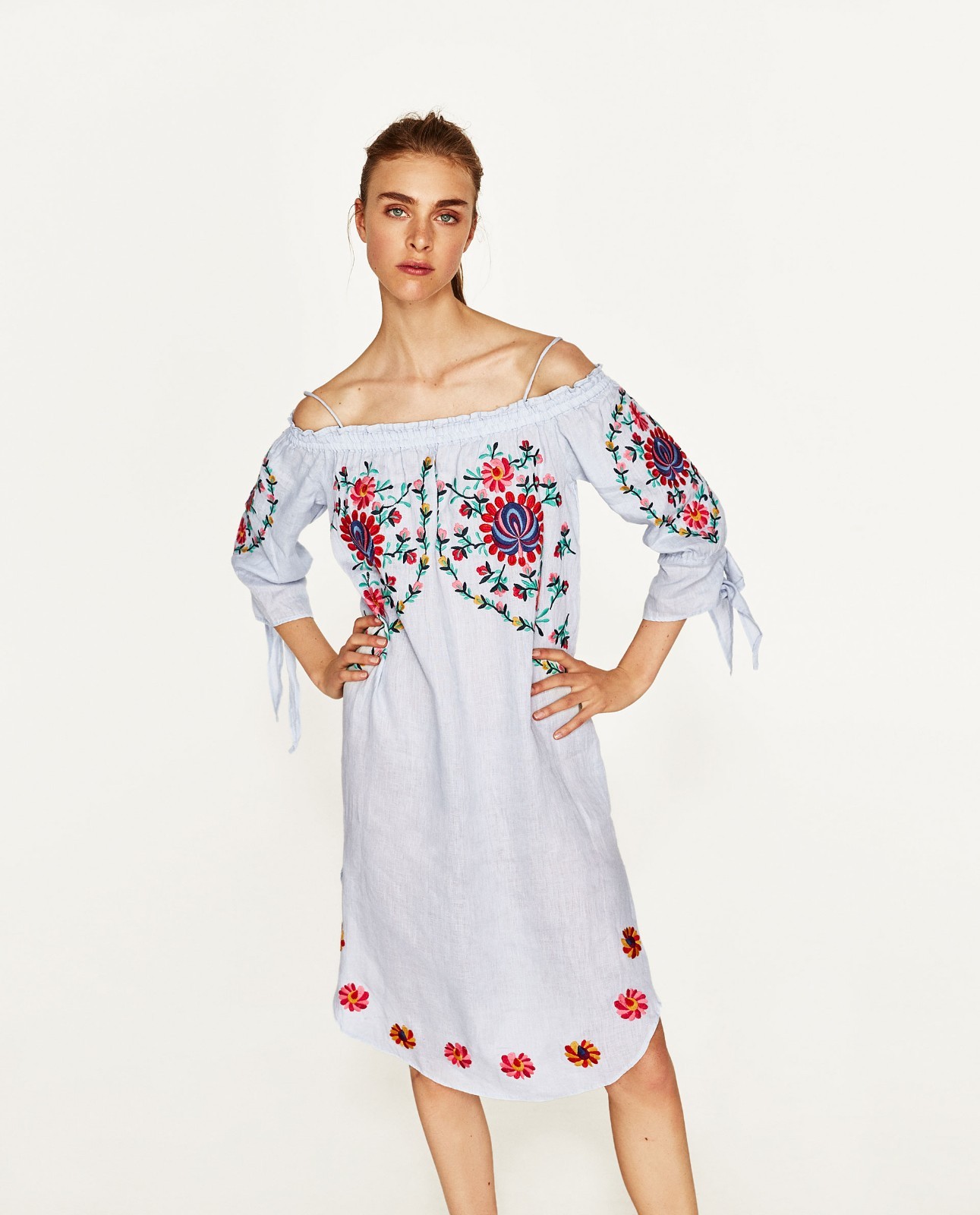 ZARA Women’s Sky Blue Linen Off Shoulder Embroidered Midi Dress L NWT 3440/054