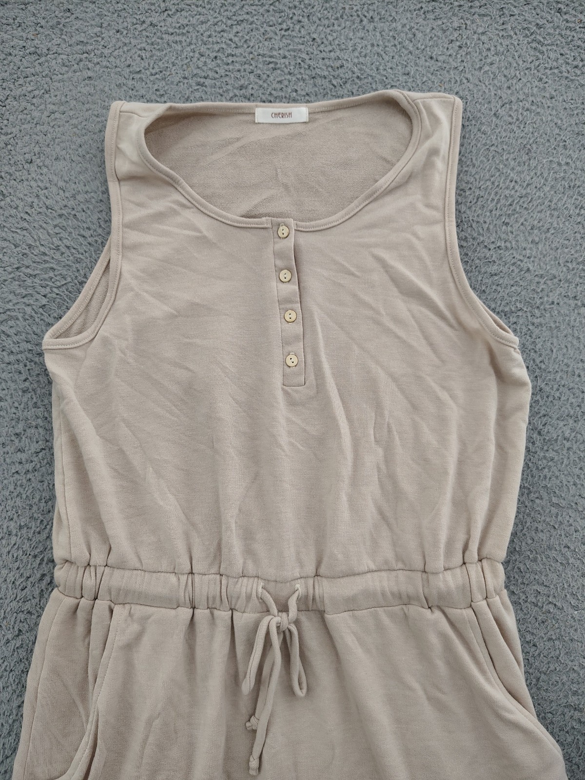 Cherish Womens Large Beige Sleeveless Dress Drawstring Waist Casual Pockets