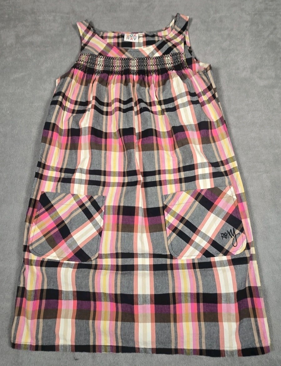 ROXY Womens Size S Boxy Sleeveless Plaid Smocked Pinafore Dress Pockets Preppy