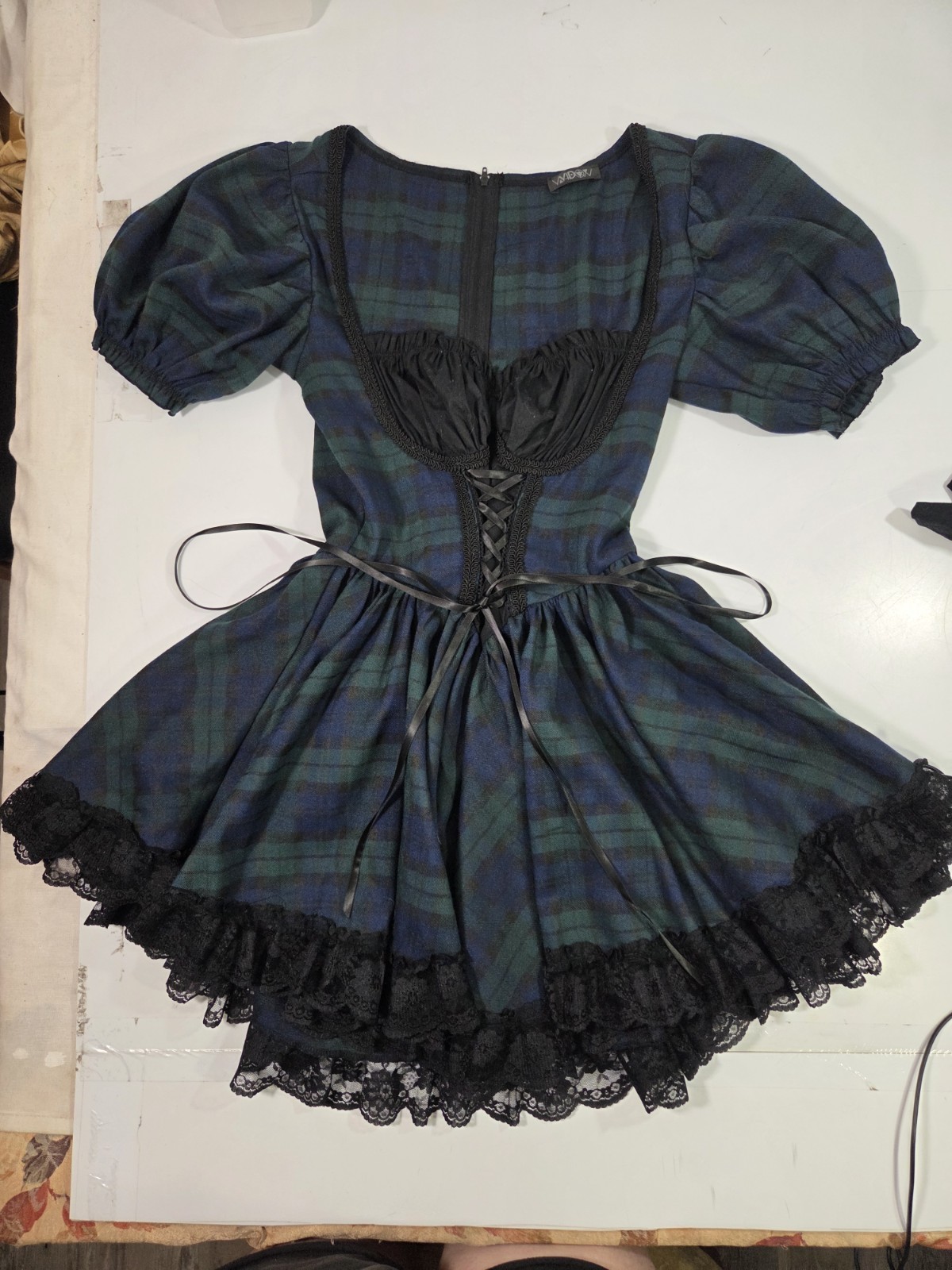 Widow Dolls Kill Study Mini Dress Plaid Tartan Green Babydoll Milkmaid Sz S