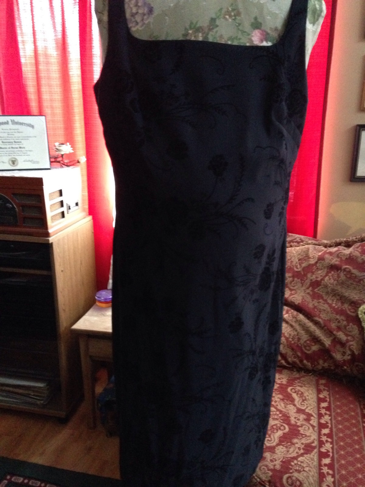 CDC Little Black Dress, Size 14 with Velour Floral Pattern. 97% poly/3% spandex