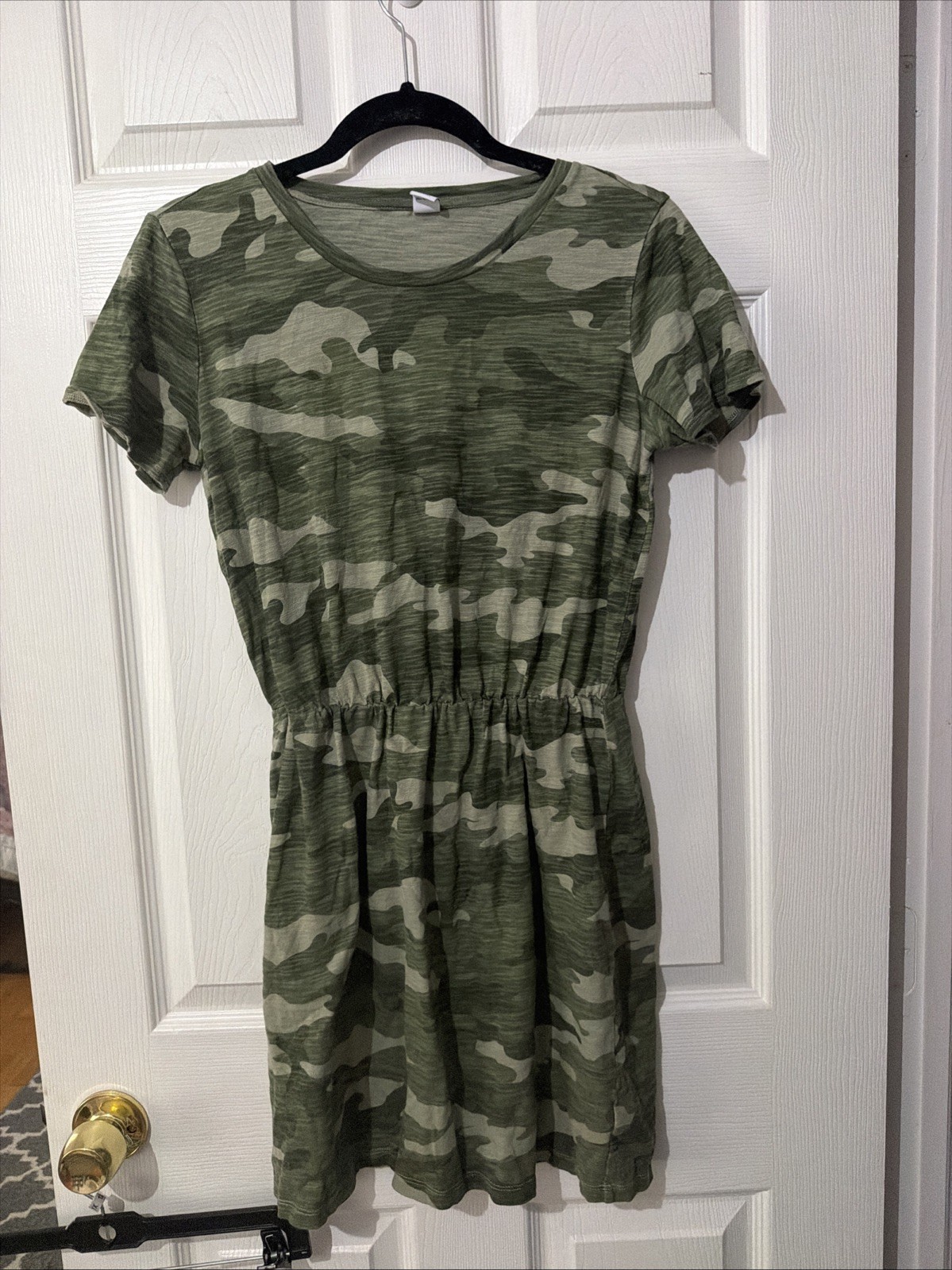 Old Navy Womens Sz S Green Camo Short Sleeve Waist Defined Dress Stretch NWT