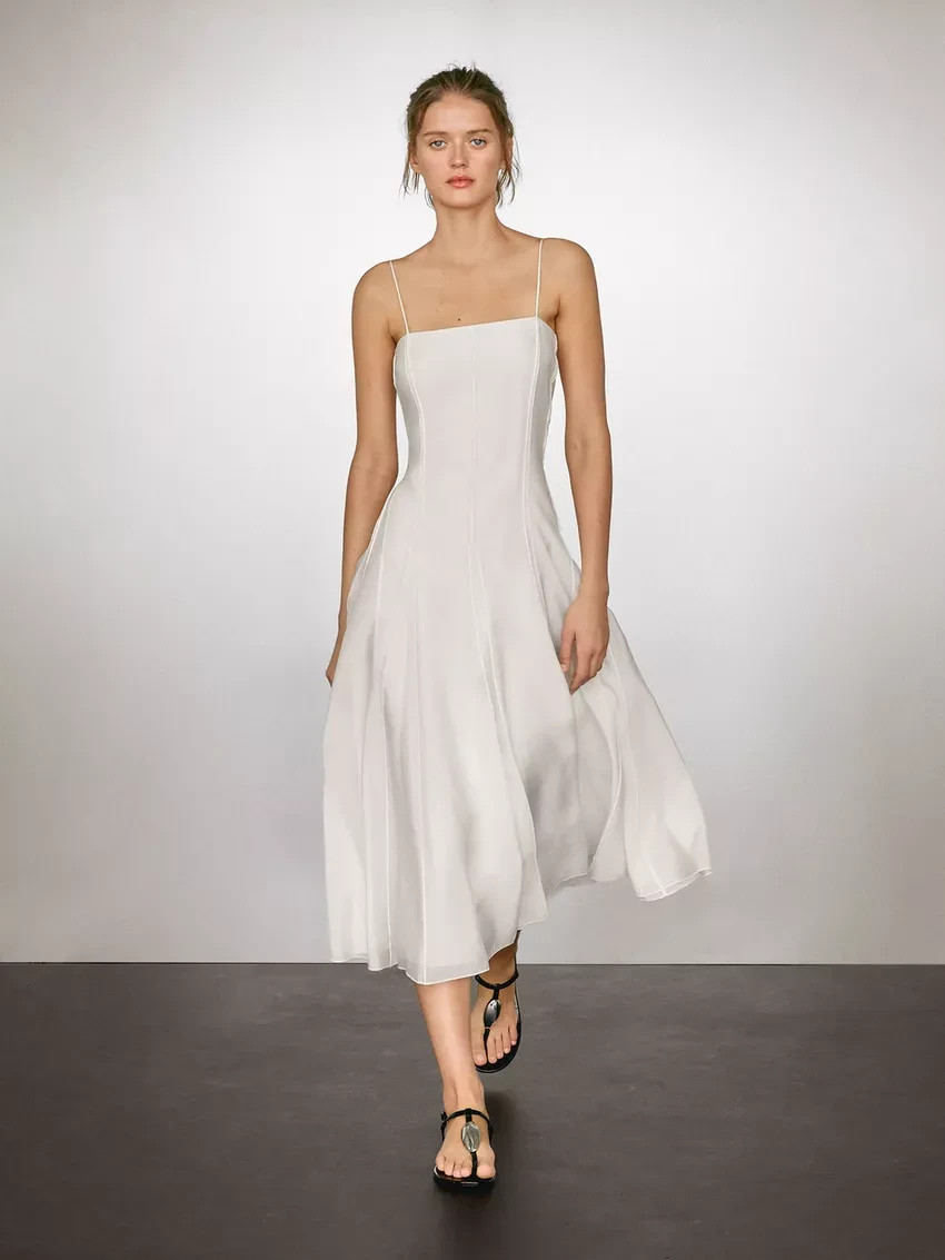 Massimo Dutti Womens Midi Dress EU 42 US 10 Ecru Cream Strappy 6639/530 NWT