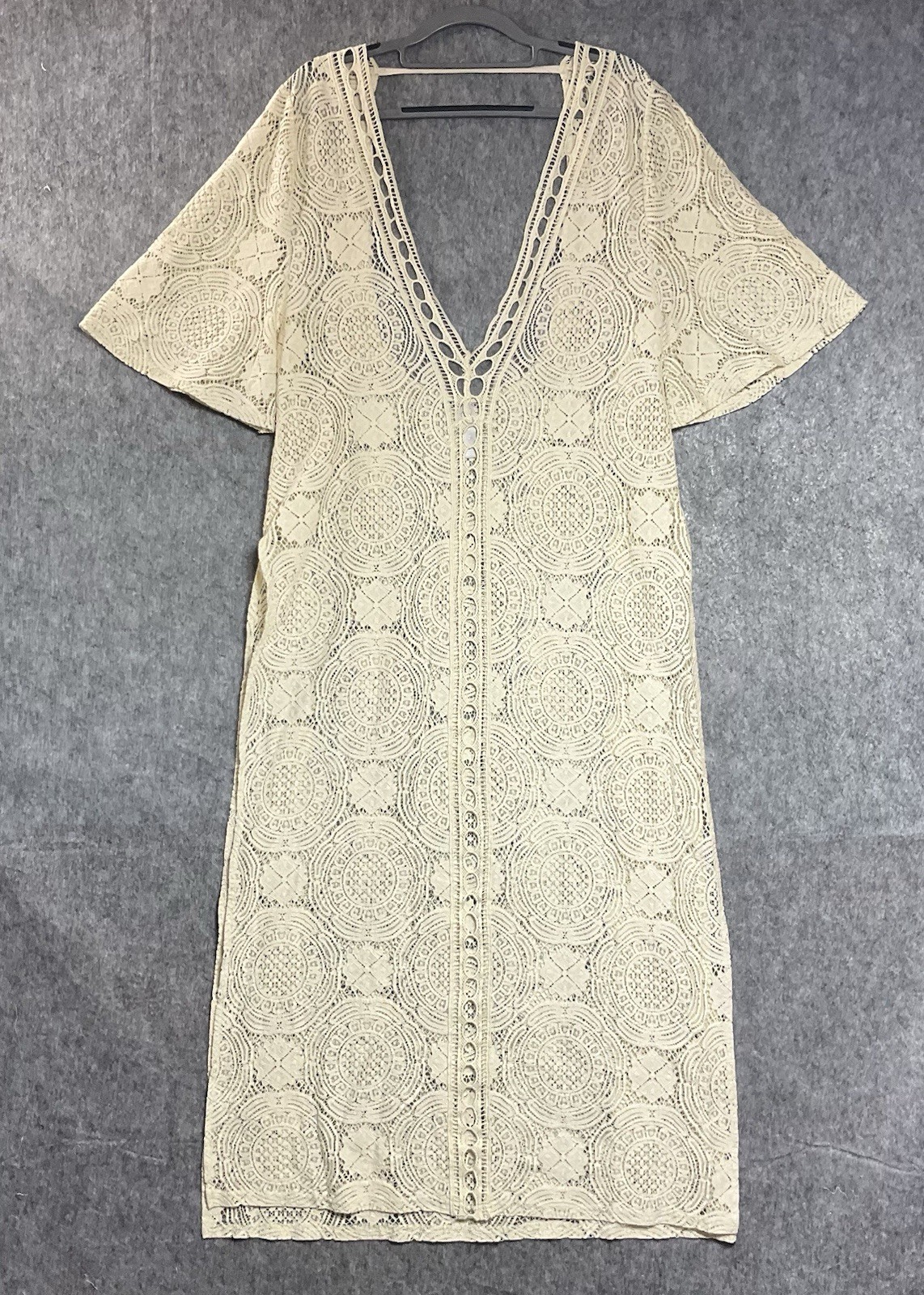 Chelsea 28 Dress Womens Medium Cream Crochet Lace Sheer Maxi Boho Festival
