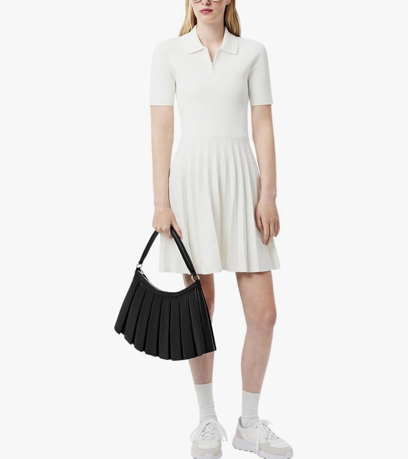 Lacoste White Ribbed Knit Collared Half-Zip Pleated Dress Short Sleeve 34 – 2