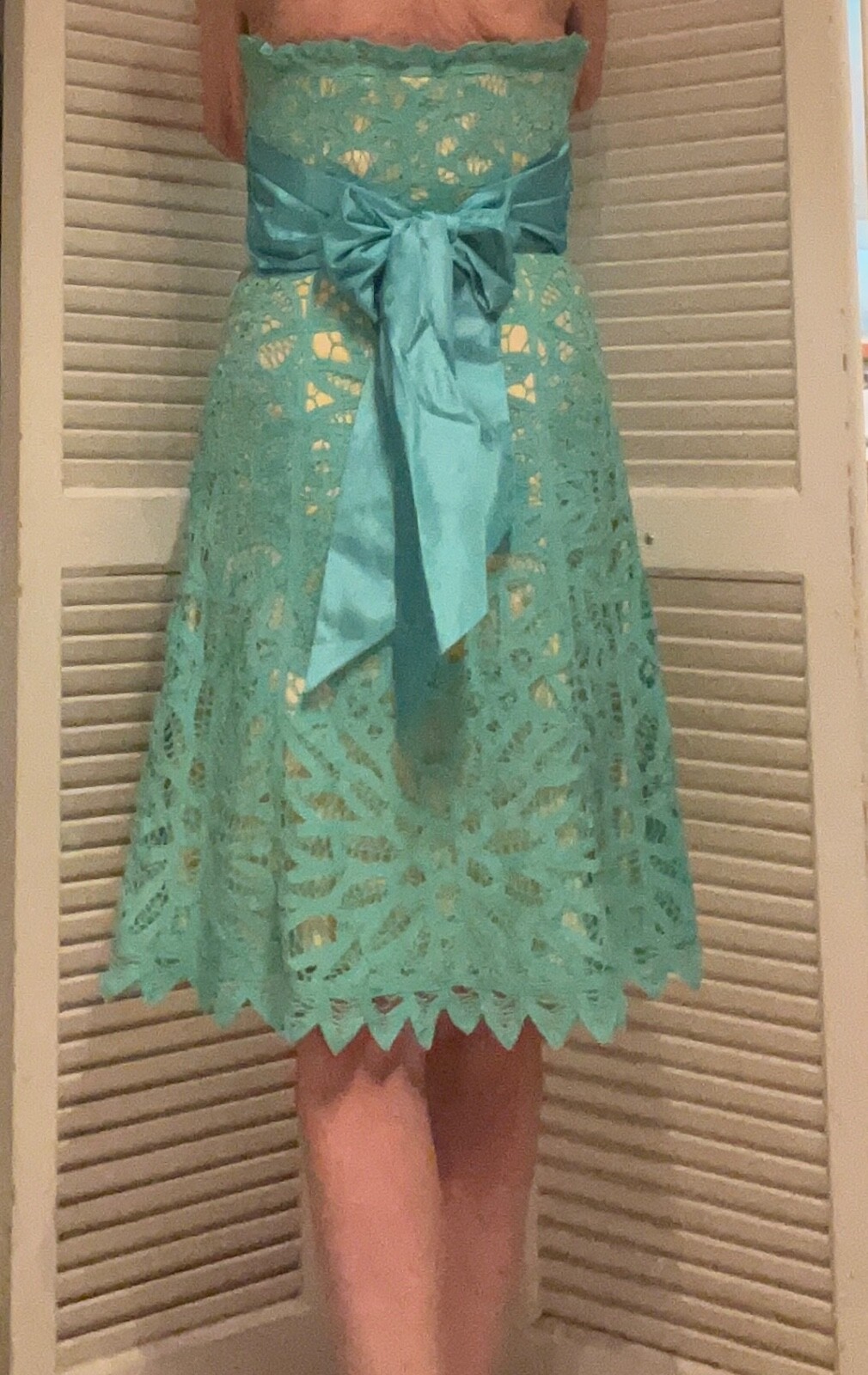 Betsey Johnson Vintage 6 Green Cotton Crochet Yellow Underlay Big Bow Sash