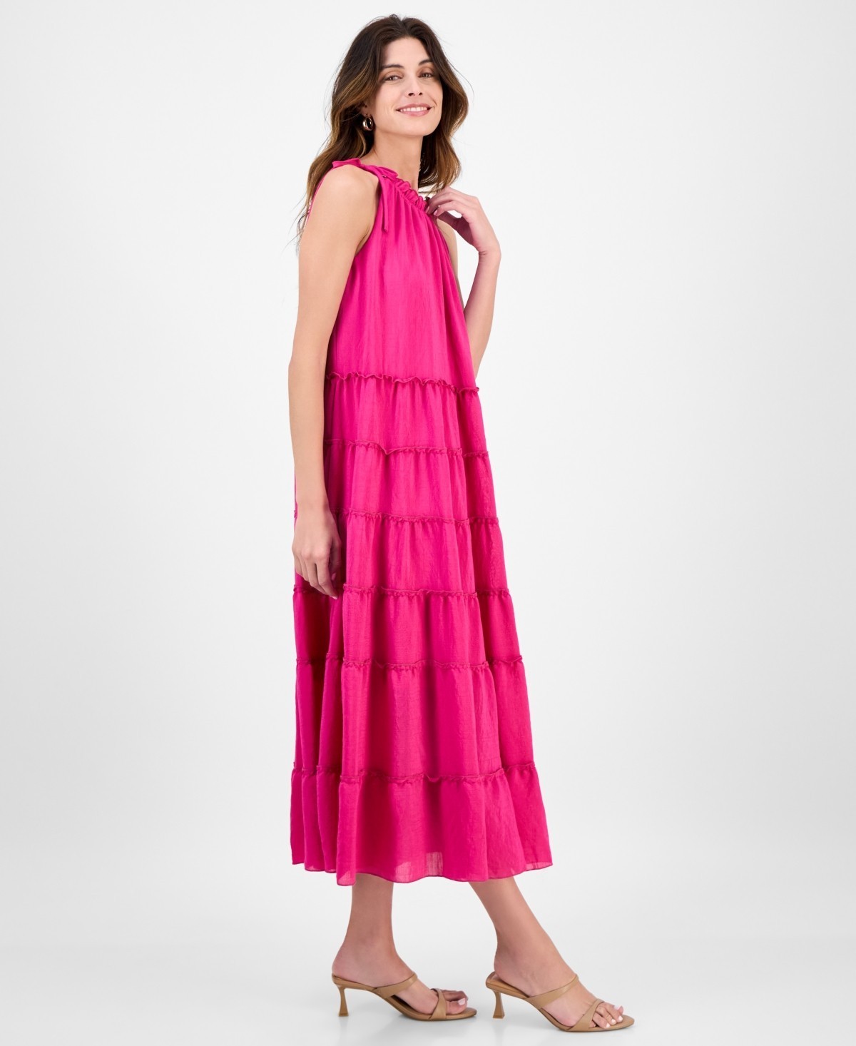 Signature by Robbie Bee Tiered Ruffled-Neck Midi Dress Women’s Large Pink