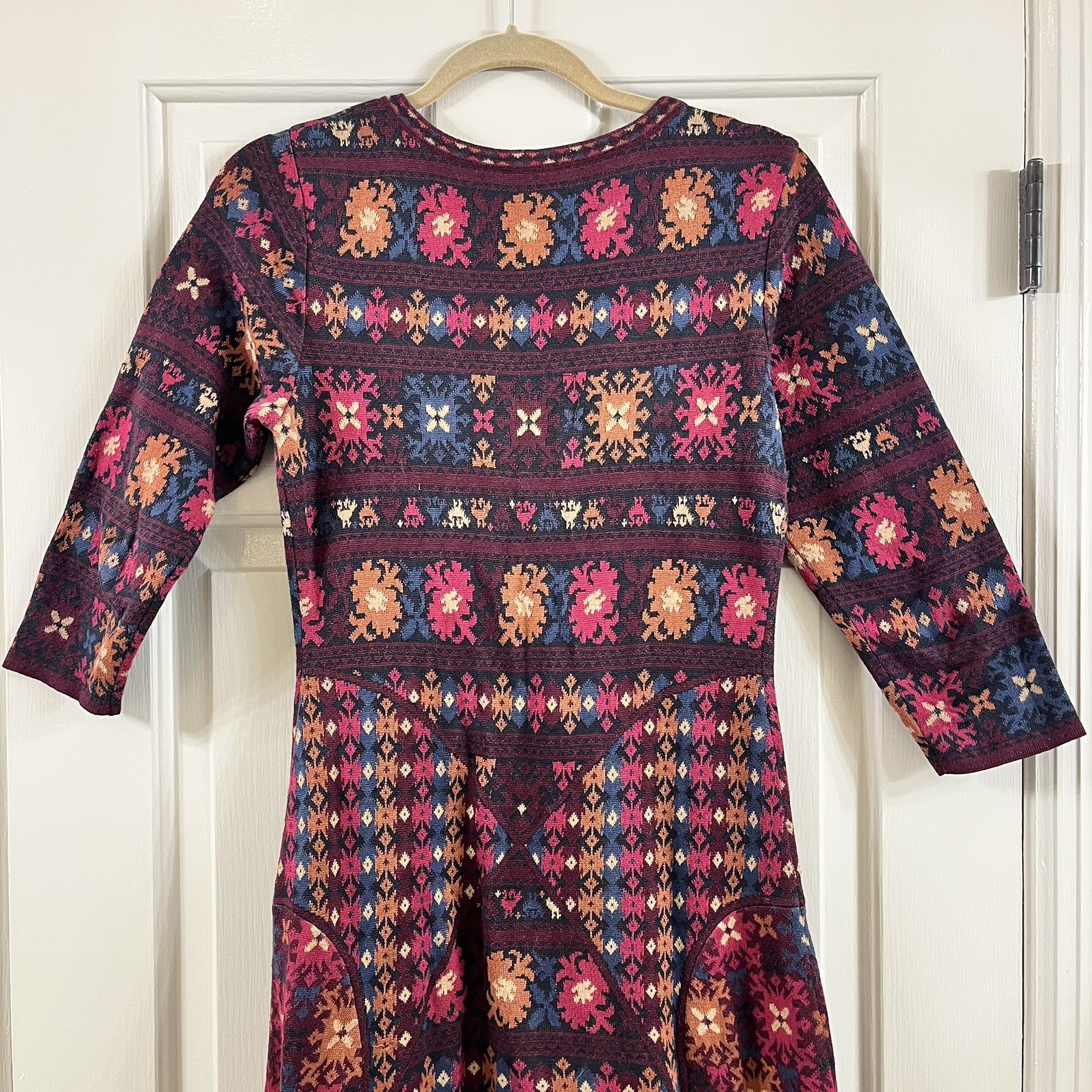 Peruvian Connection Maxi Knit Dress Wom S Wine Pink Geo Pima Cotton 3/4 sleeve