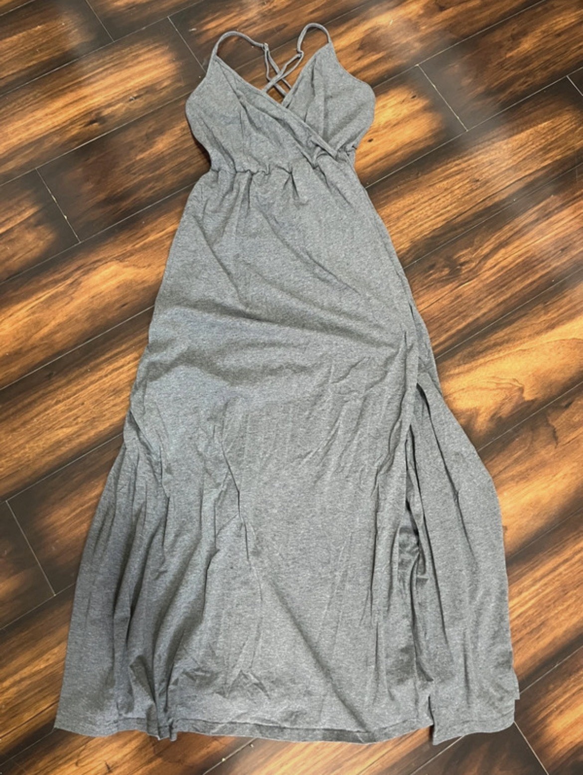 Medium long side slit adjustable strap grey wrap summer dress 406