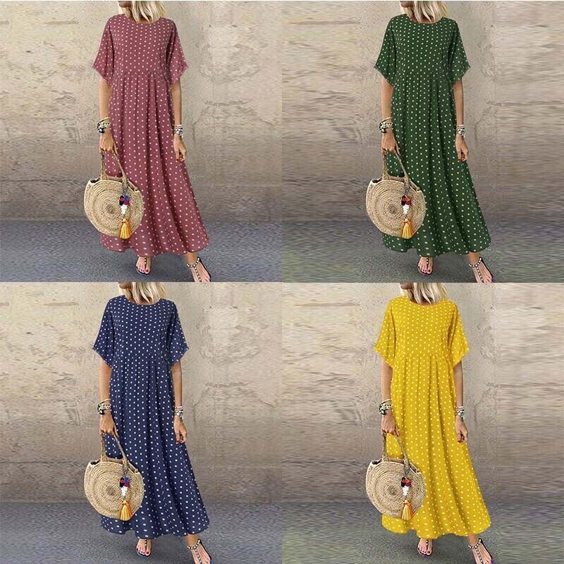Long Flared Sleeve Summer Maxi Summer Dress Short Women Dress Dot T-Shirt Polka