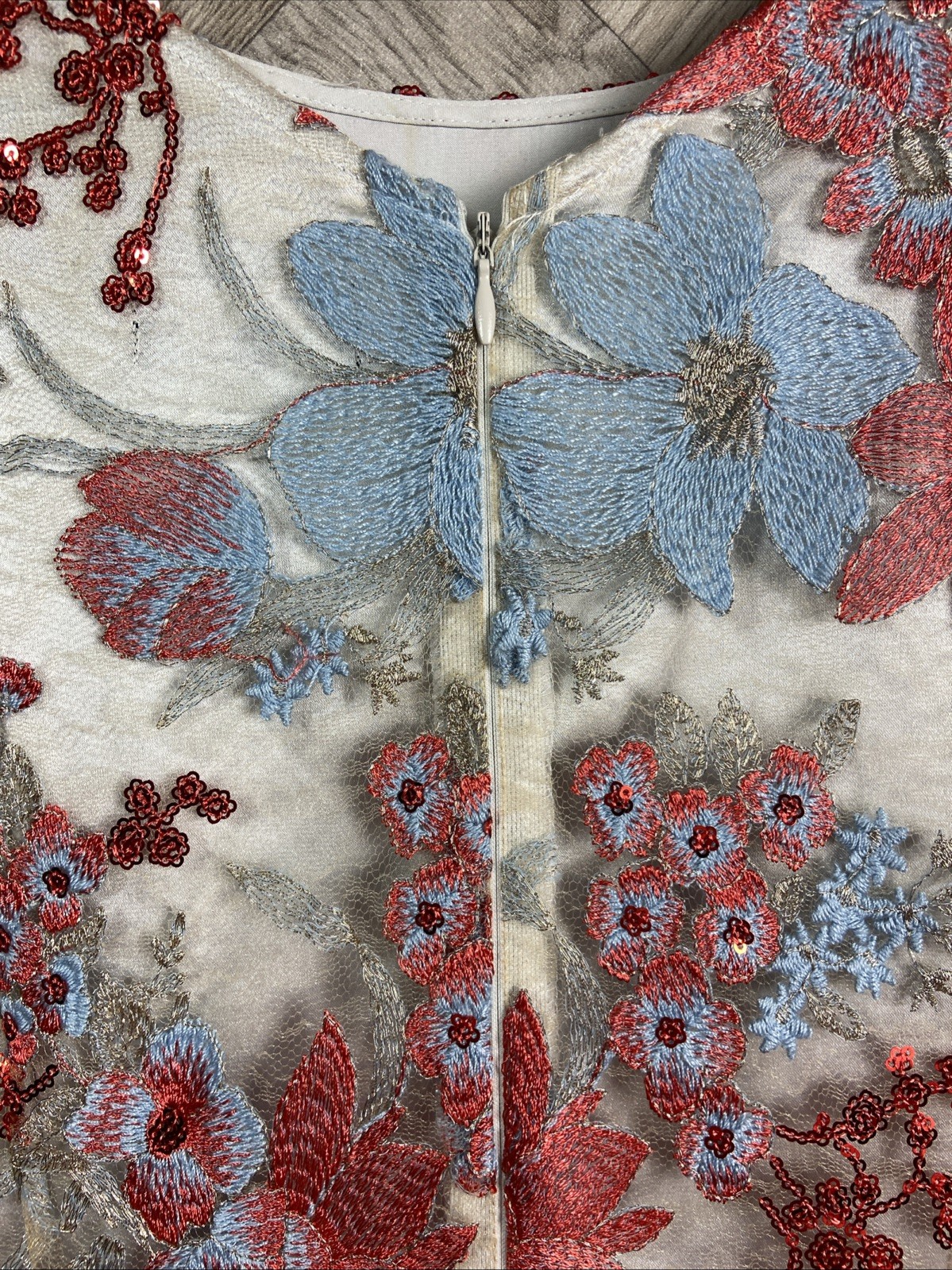 Tahari by Arthur S Levine Flared Dress Blue/Red Floral Embroidery/Sequin Size 14