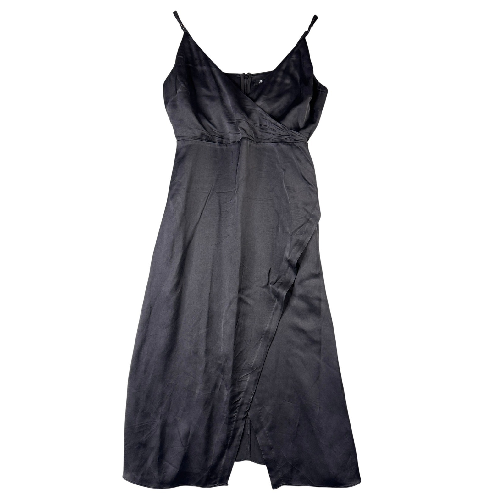 Madewell Black Satin Faux Wrap Midi Slip Dress V-Neck Straps AL307 Size 4