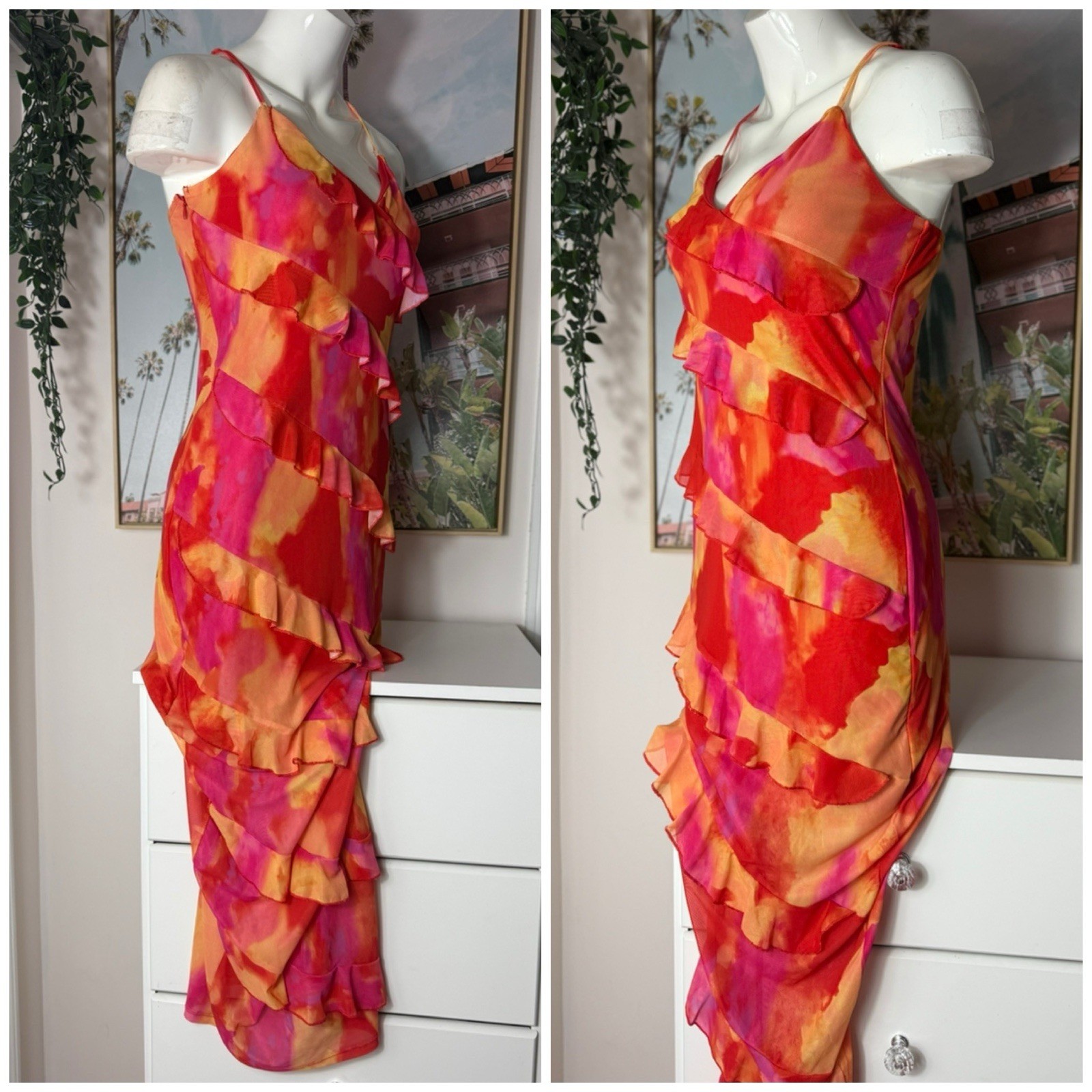 Shein BAE Pink Orange Tie Dye Ruffle Midi Bodycon Dress Curve XL 0XL NWT