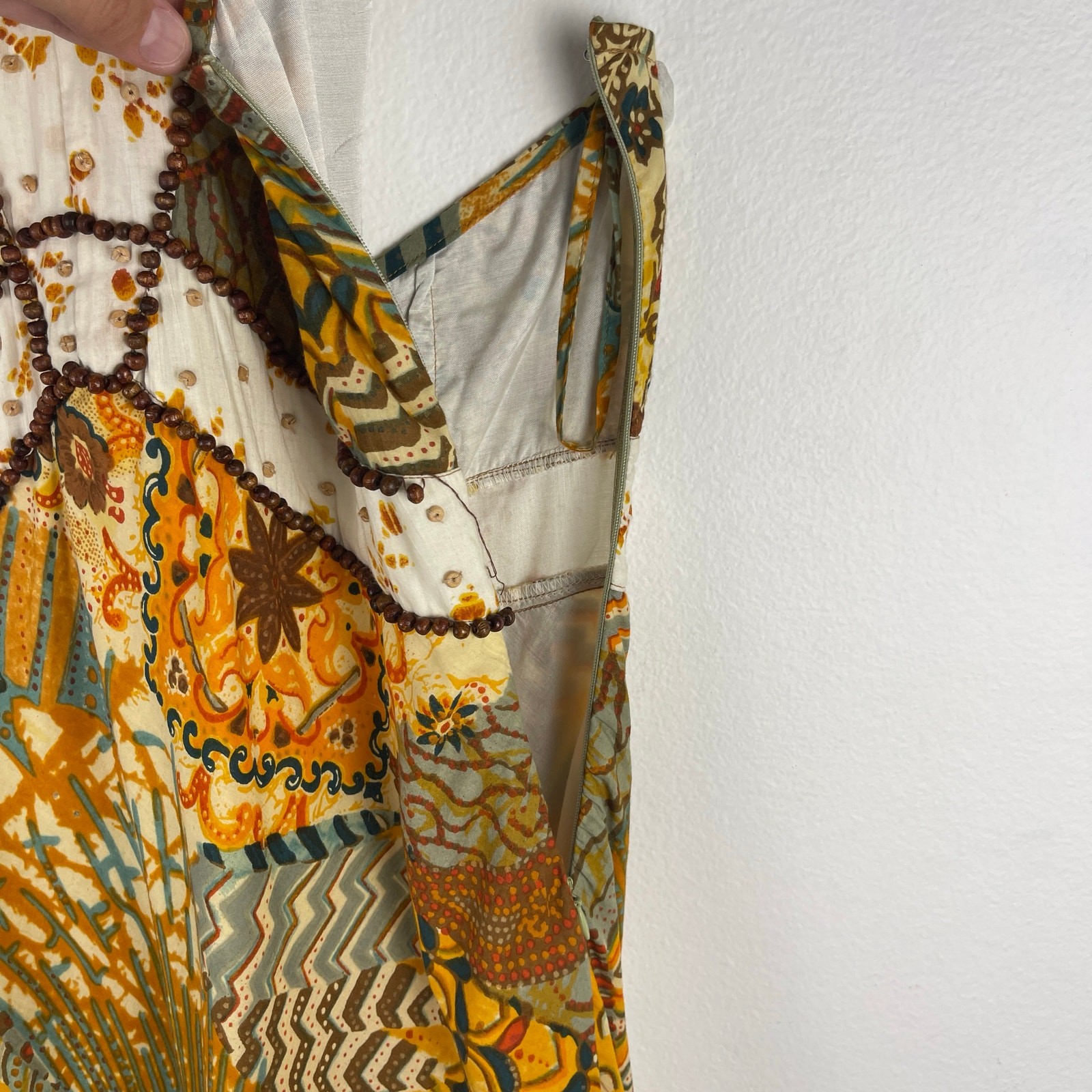 Alberto Makali Halter Cotton Brown Yellow Printed Beaded Boho Dress Women’s 8