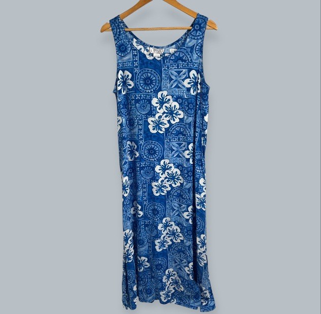 Jennifer Moore Hawaiian Aloha Dress Floral Beach Blue Medium Sun Resort Lounge