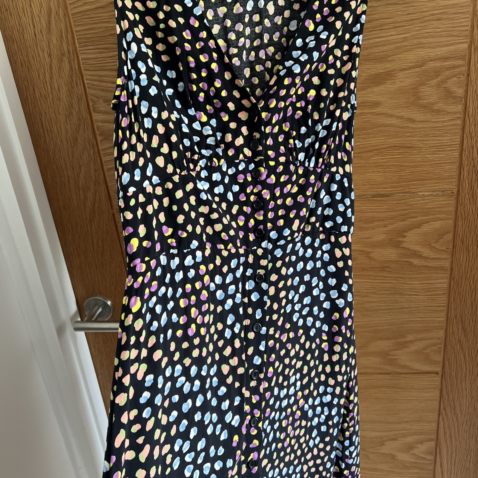 Nobody’s Child Black Dot MultiColour Midi Dress Button Down Sleeveless 8 viscose
