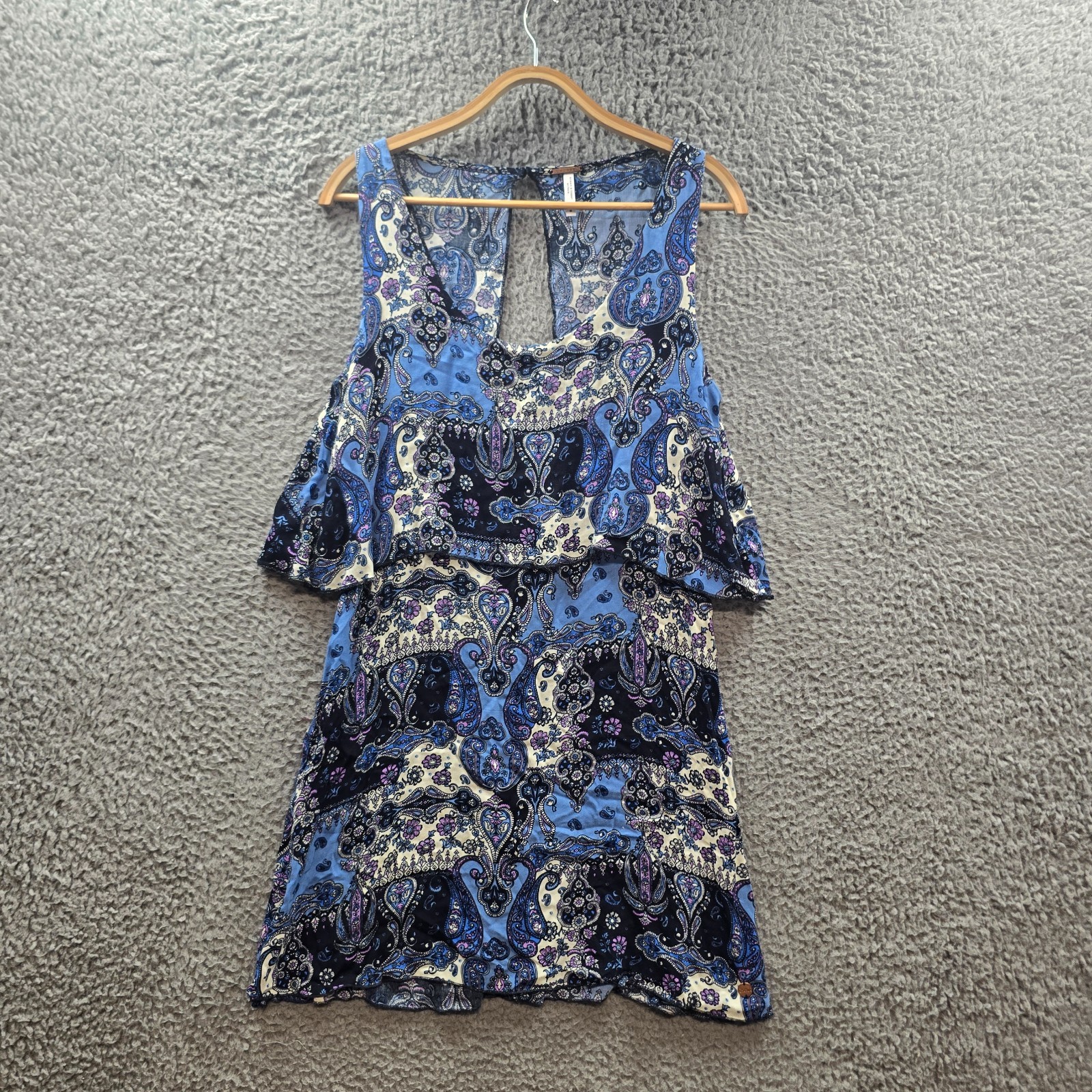 Ghanda Dress Womens A-line Mini Size M Blue Ivory Paisley Layered Sleeveless