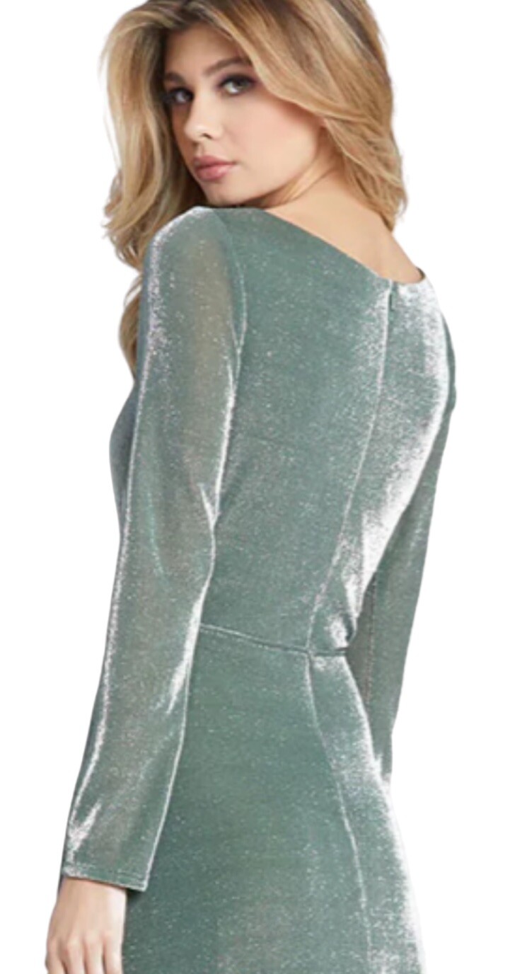 Mac Duggal Ieena Evening Gown Size 6 Long Sleeve Faux Wrap Jade Green Sparkly