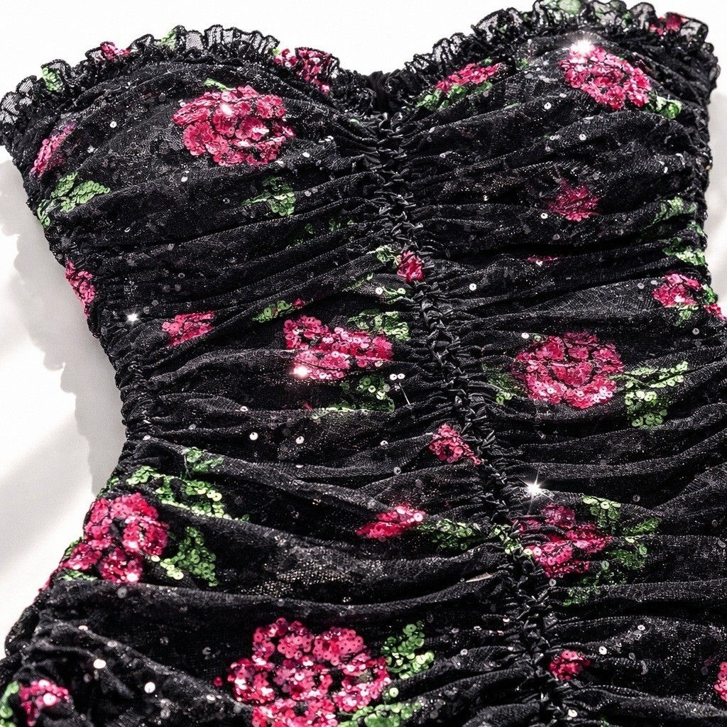 For Love & Lemons Every Rose Sequin Strapless Mini Dress S Black Floral Coquette