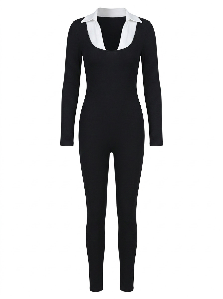Sleek Contrast Collar Catsuit Jumpsuit
