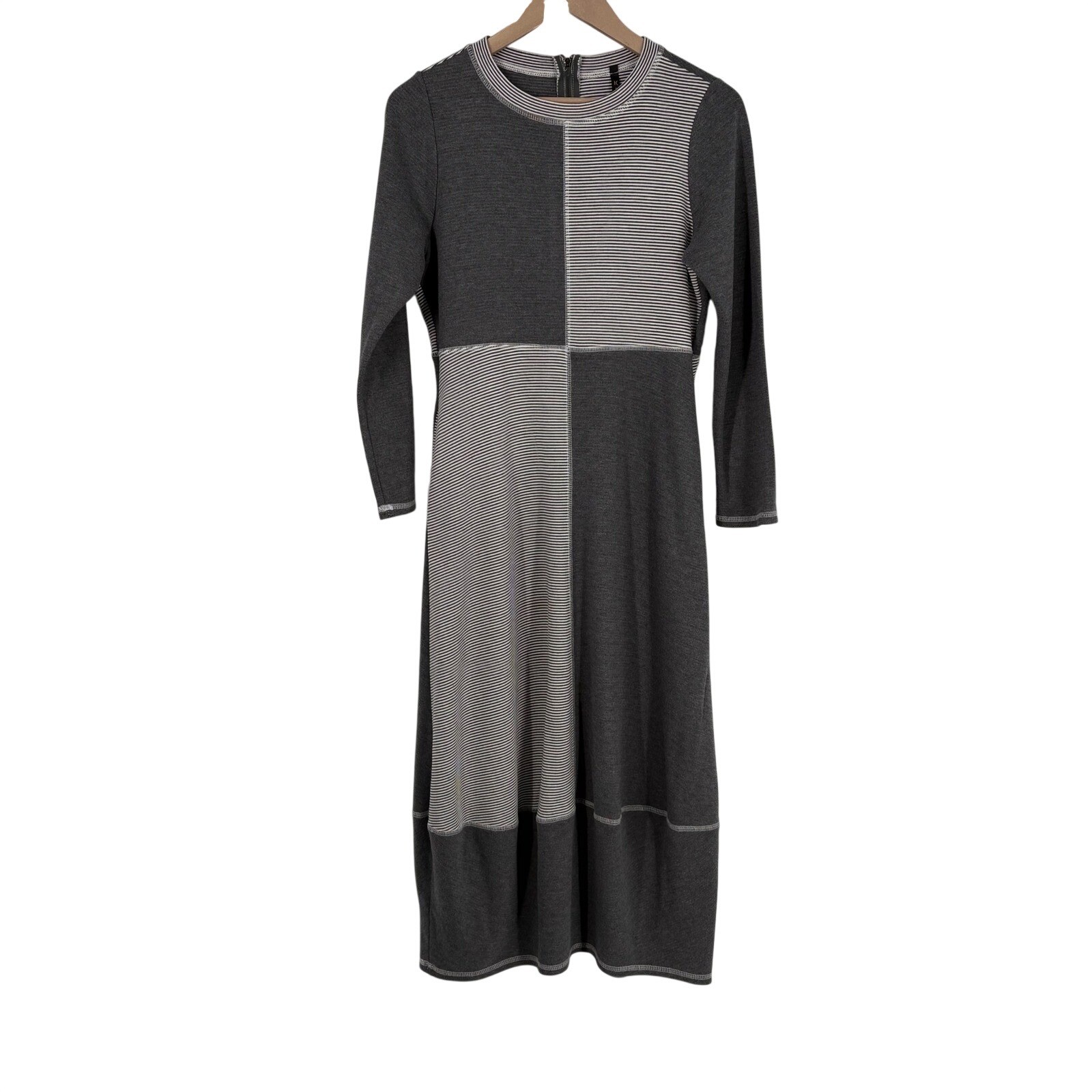 IC by Connie K Grey Striped Colorblock Patchwork Midi Dress Long Sleeve Medium