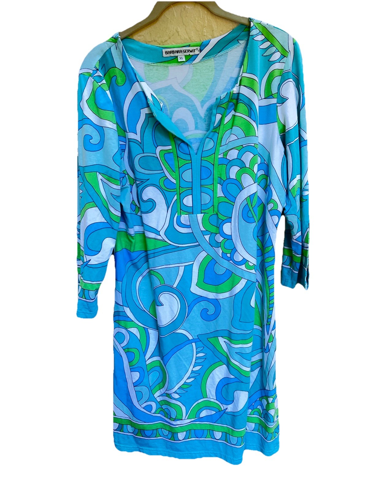 Barbara Gerwit XL Blue Green Paisley Tunic Dress Cotton Lycra 3/4 Sleeve