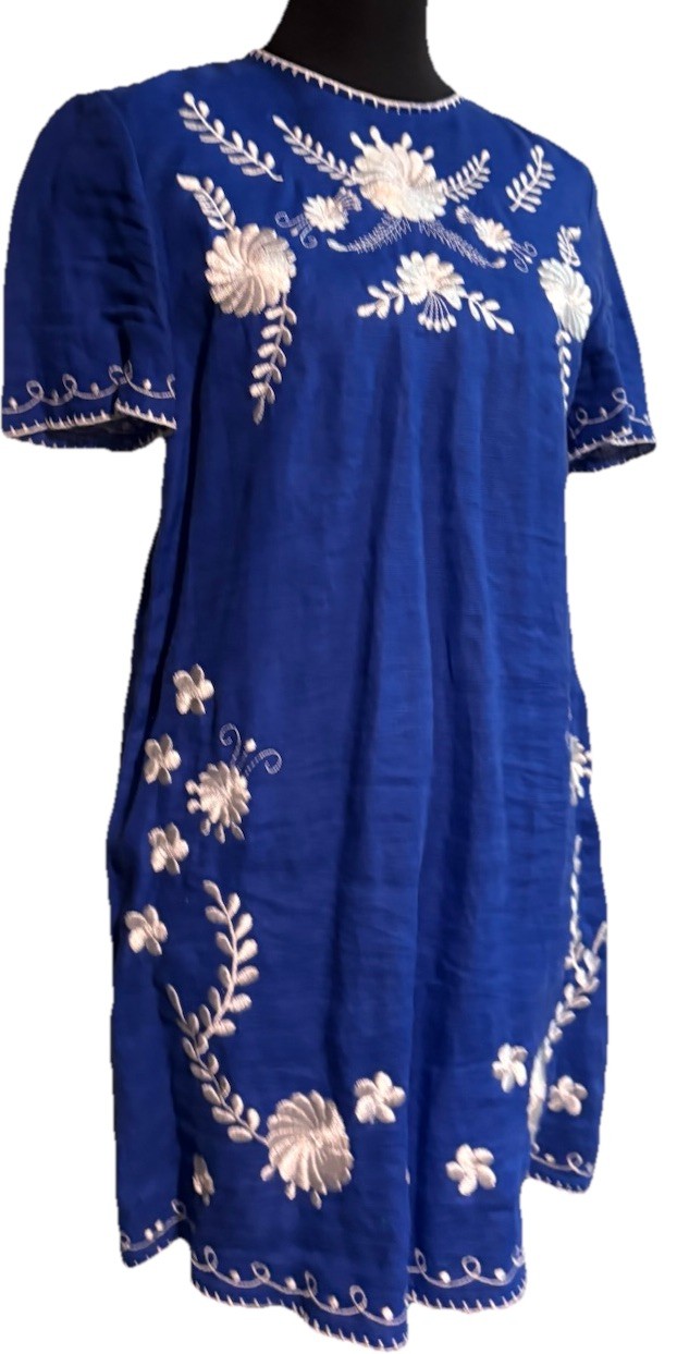 Zara Royal Blue Embroidered Linen Blend Mini Dress Short Sleeve XS 4786/092/400