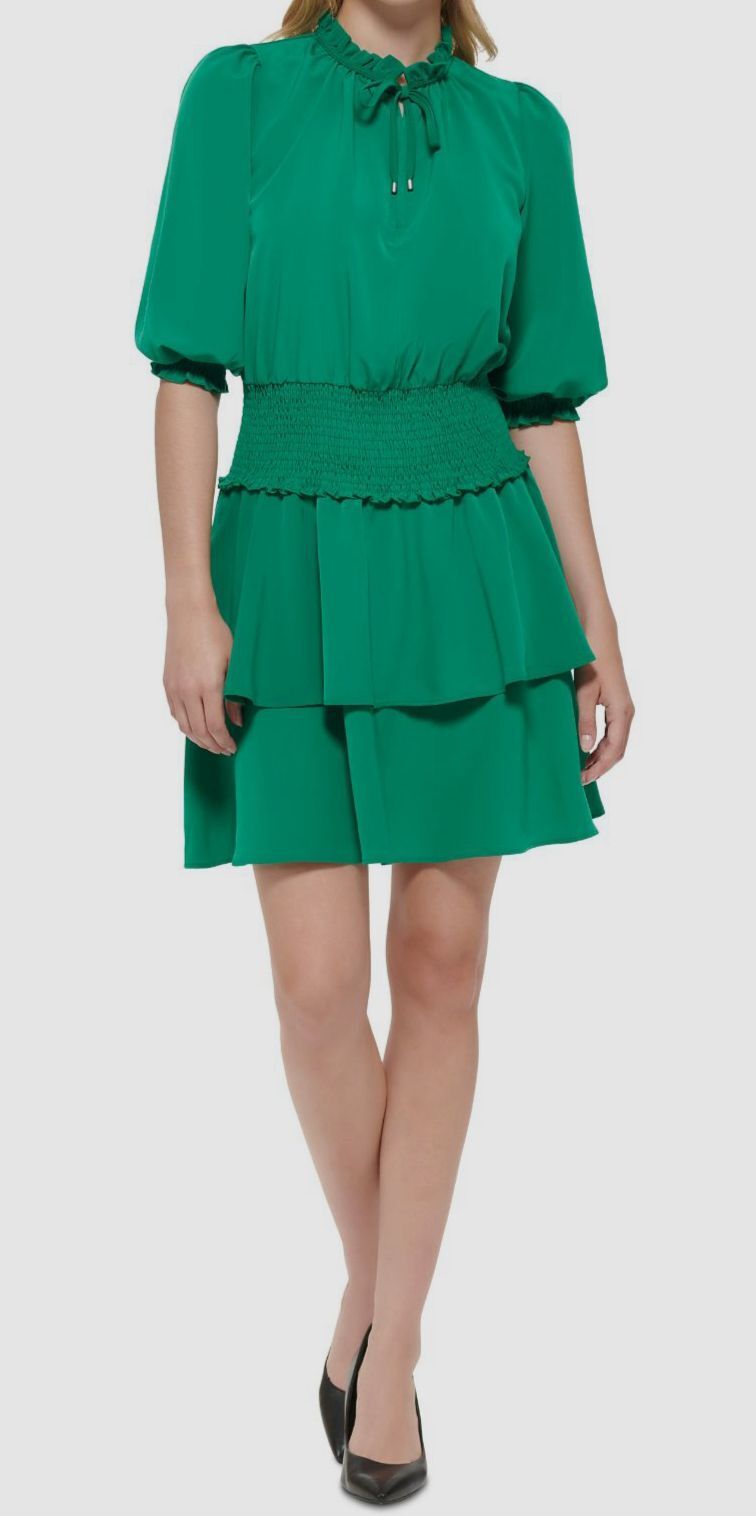 Karl Lagerfeld Paris Women’s Green Tiered Self-Tie V-Neck A-Line Dress Size 12