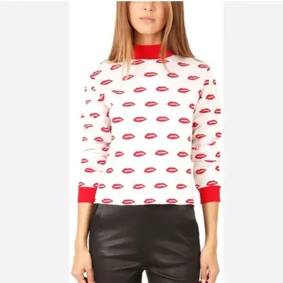 AMERICAN RETRO LIPS CHERYL WHITE RED TURTLENECK SWEATER SZ 1 S/M
