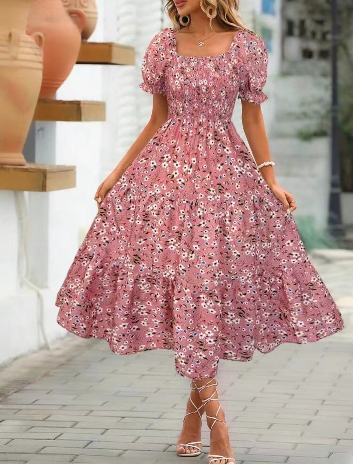 Women Floral A Line Dress Puff Sleeve Smocked Waist Casual Summer Midi Sundress