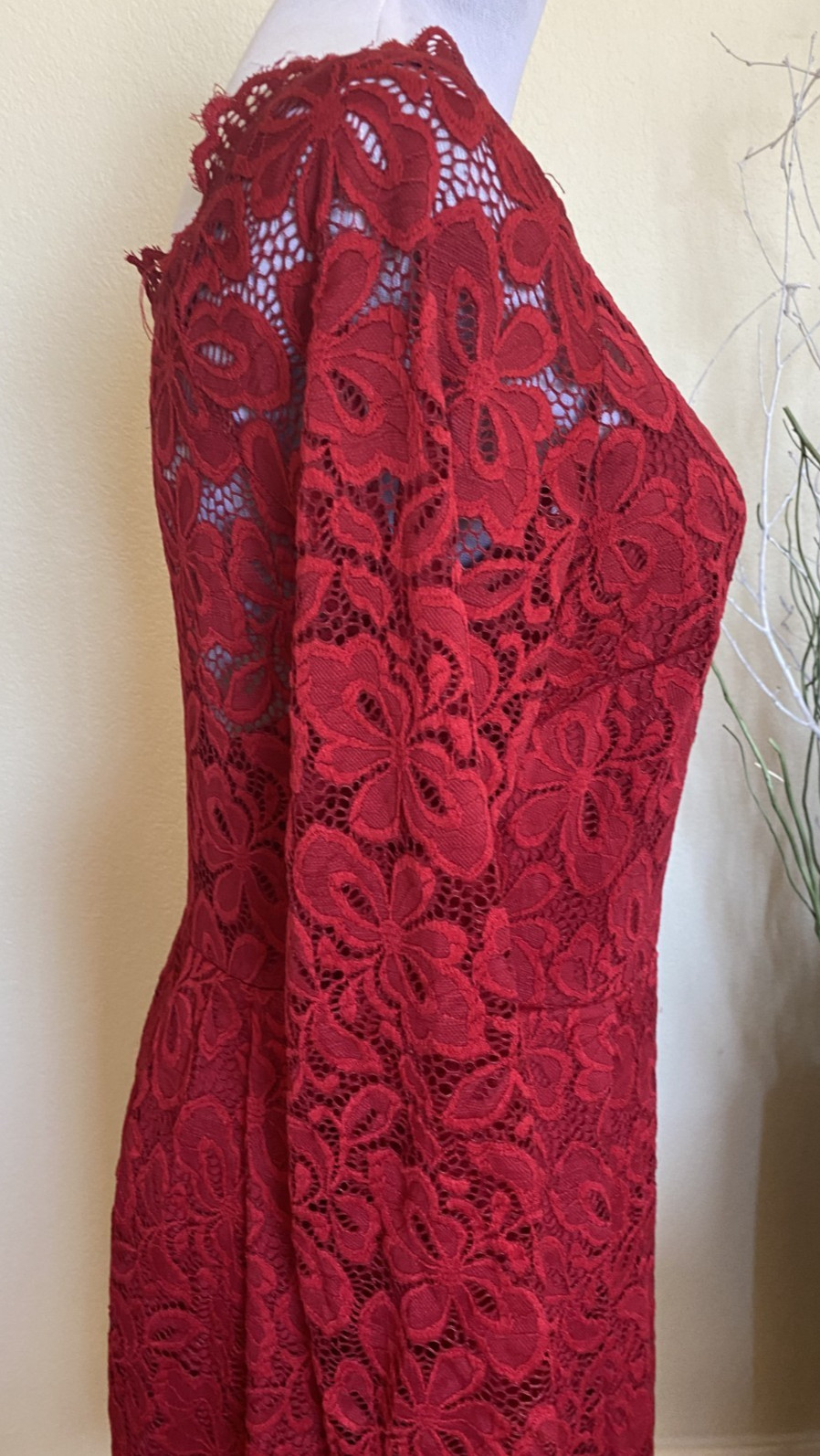 Miss Me Red Lace Long Sleeve Lined Stretch Below Knee Pleated Dress M