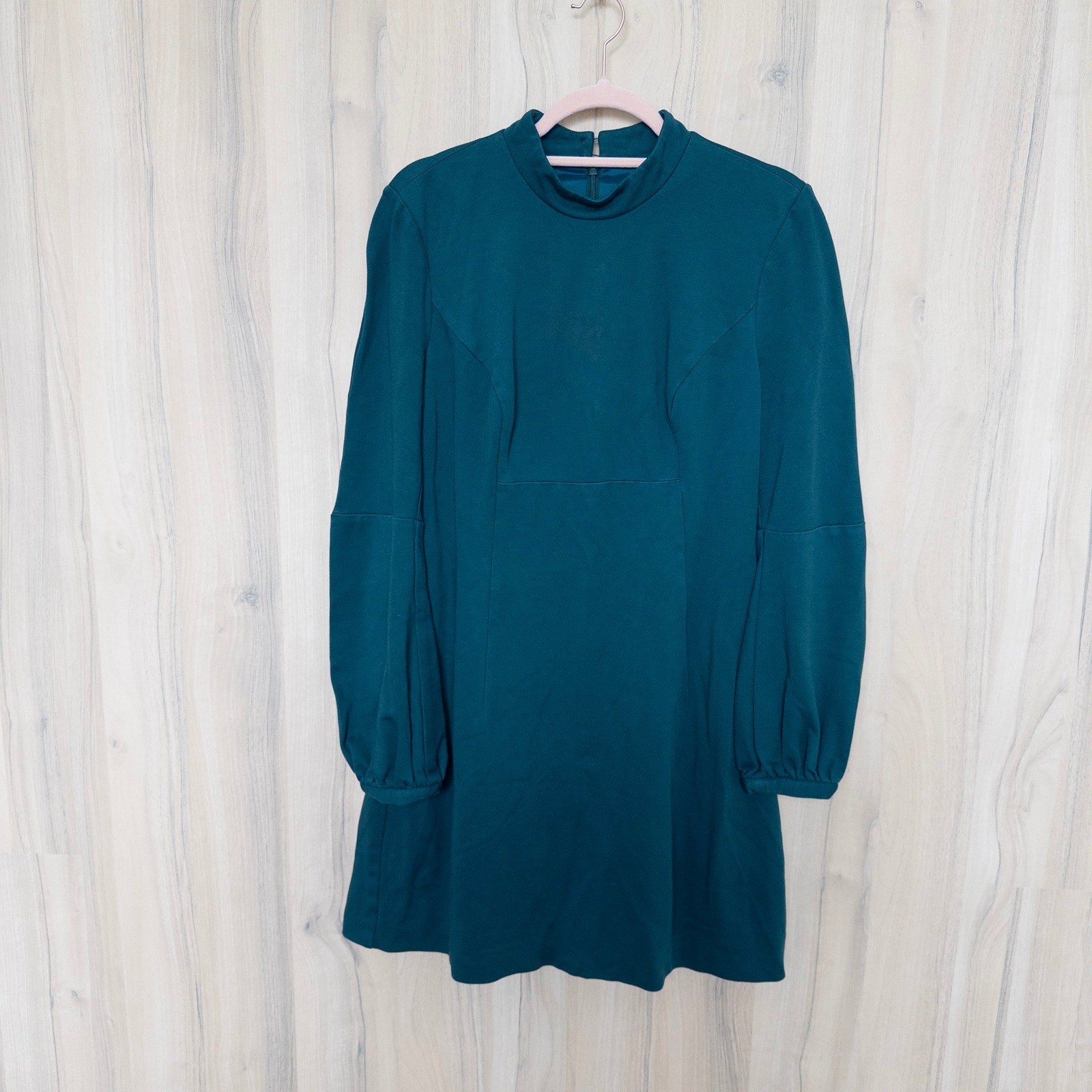 Trina Turk Mini Dress 10 Teal Mock Neck Bishop Sleeve Retro Classic Preppy