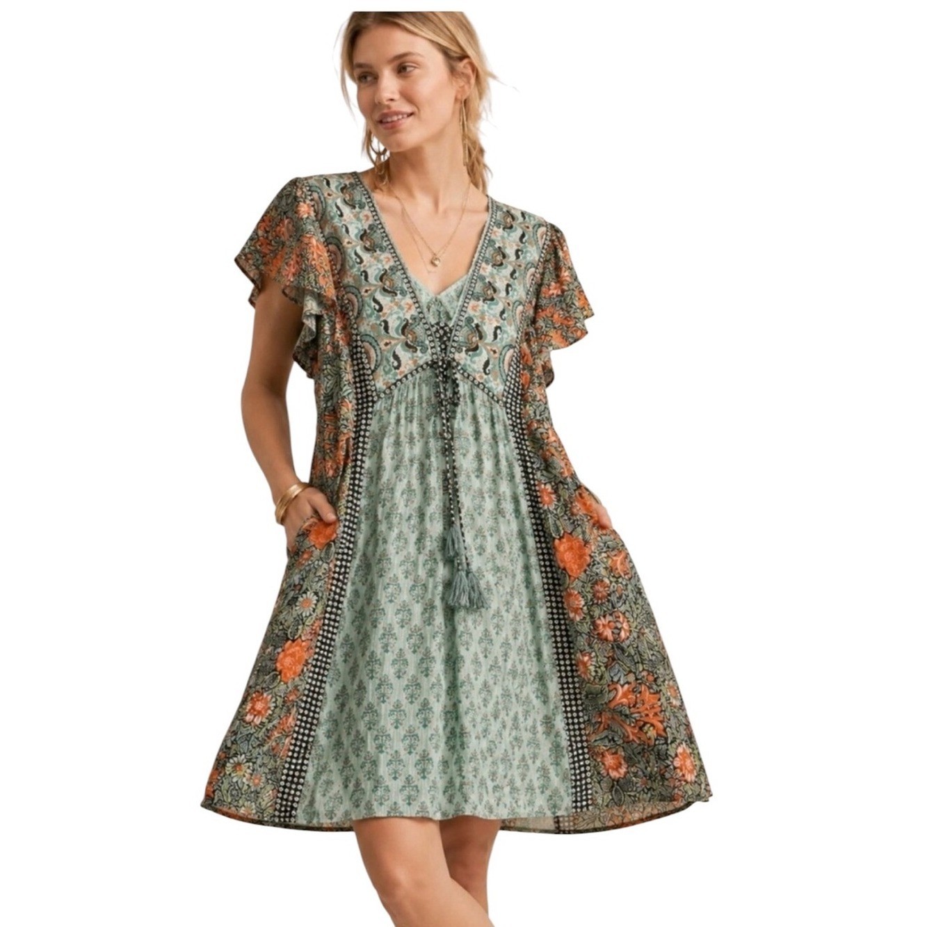Anthropologie Astrid Tunic Dress Floral Flutter Sleeve Boho Pockets Size M