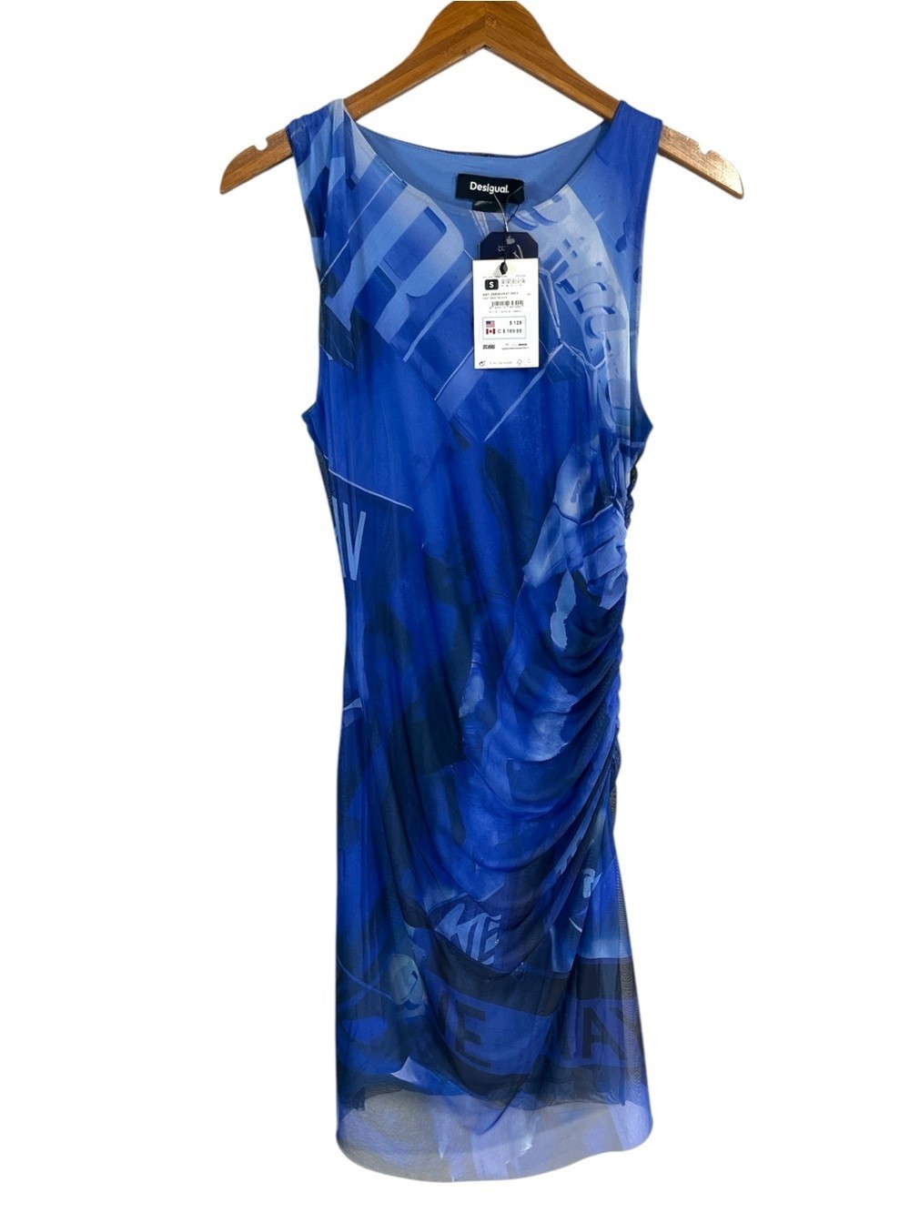 NWT Desigual Draped Mini Length Blue Arty Fitted Dress Size Small