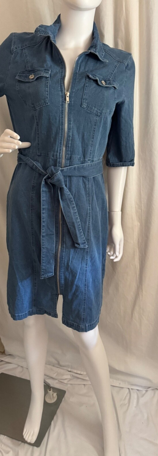 METROSTYLE SIZE 8 Blue Denim Cotton Shirt Front Zip Dress Belt Pockets Collar