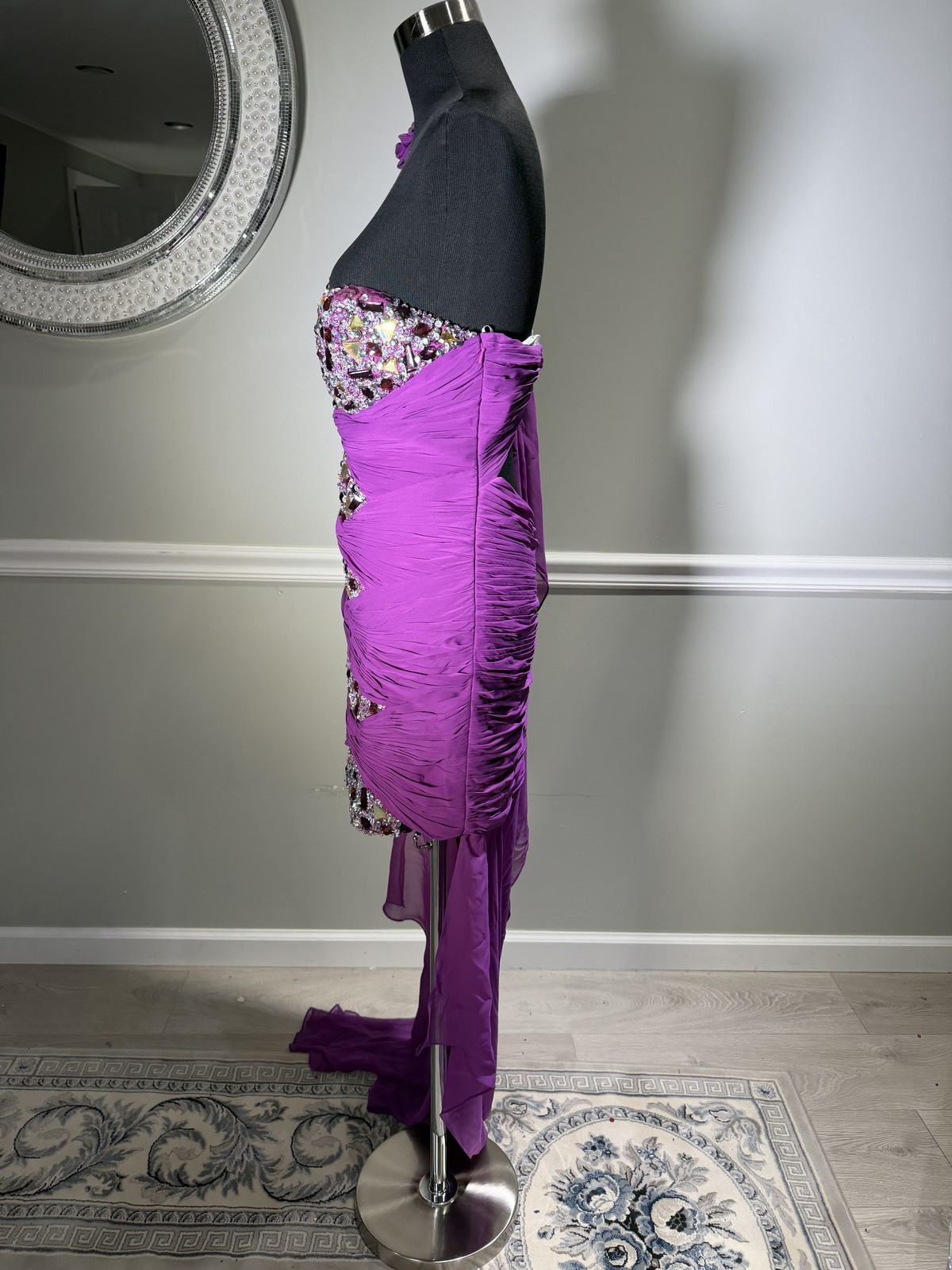 Colors Dress Purple Crystal Beaded Ruched Formal Prom Gown Size 10