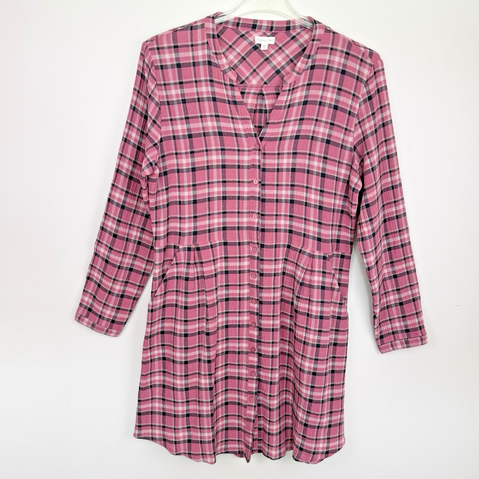 Garnet Hill Gauzy Shirt Dress Sze 12 Pink Black Plaid Organic Cotton Preppy NWOT