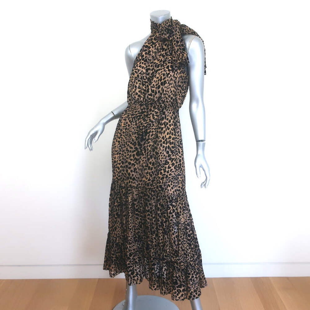 RIXO Eleanor Leopard Burnout Chiffon Midi Dress Brown Silk-Blend Size Small