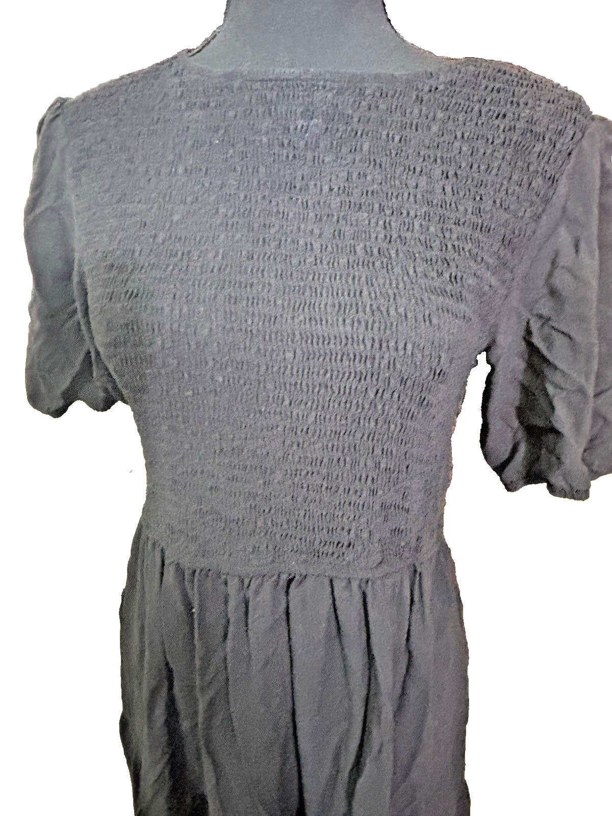 Black Smocked Flutter Sleeve Tiered Maxi Dress Large Rayon Boho Cottagecore