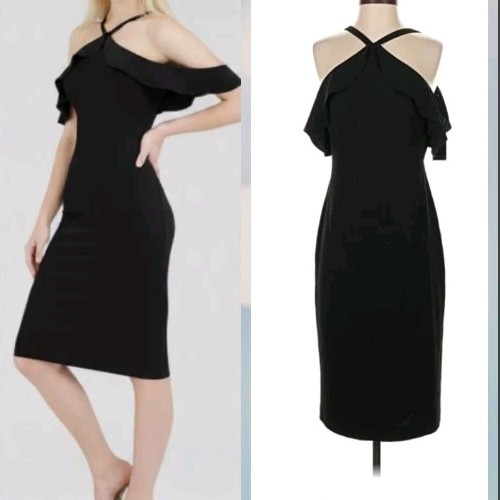 NWT BCBG MAXAZRIA SIZE 4 ELISE OFF SHOULDER HALTER NECK RUFFLE SHEATH DRESS $298