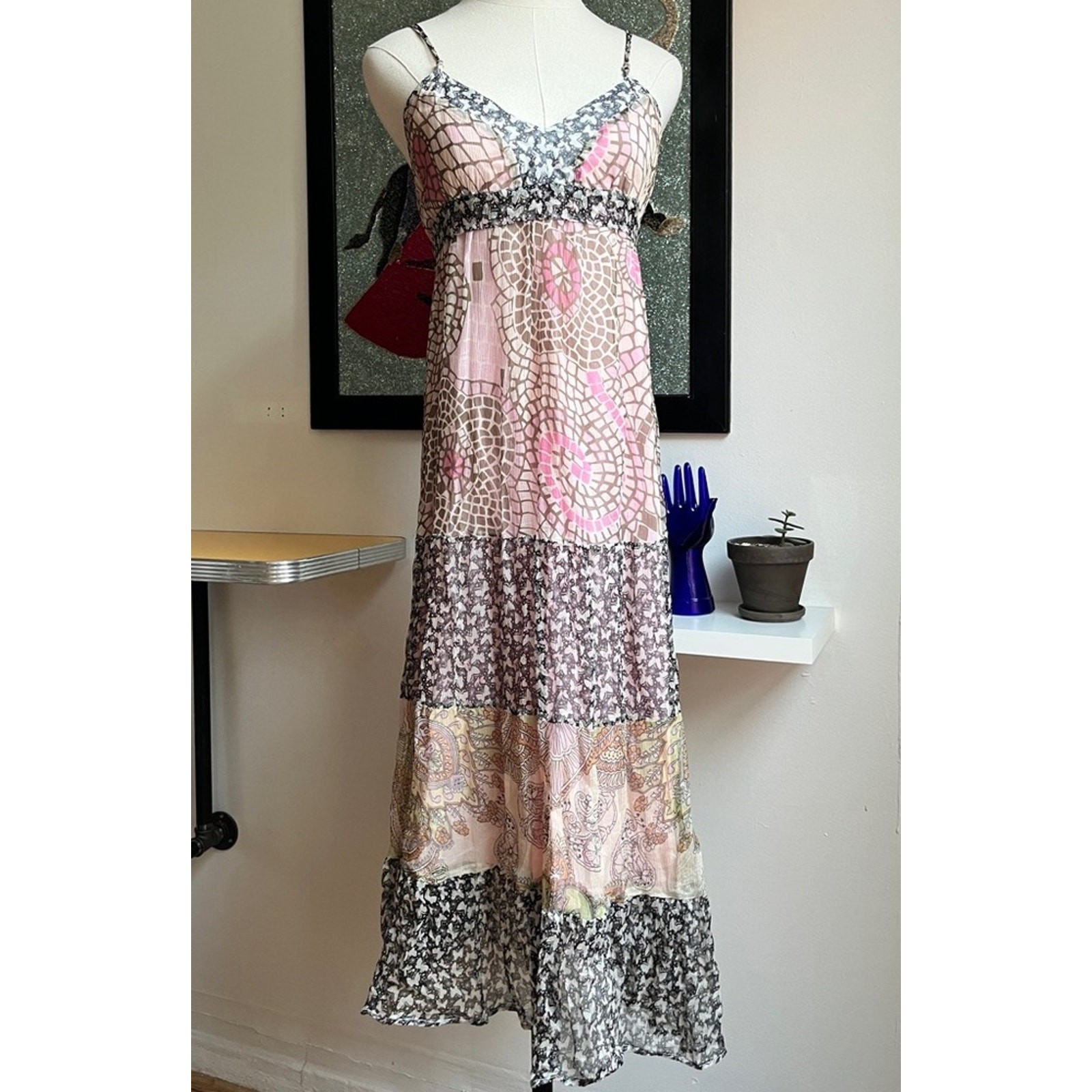 Y2K Patchwork Slip Maxi Dress | Boho Tiered Chiffon | Pink Floral Paisley | M