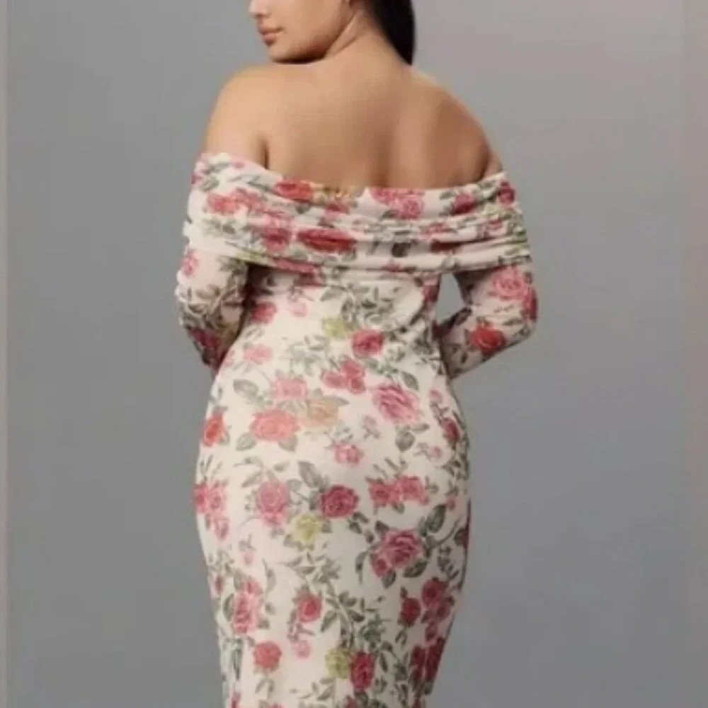 Anthropologie AFRM Off-The-Shoulder Maxi Dress Pink Roses Body-Con NWT